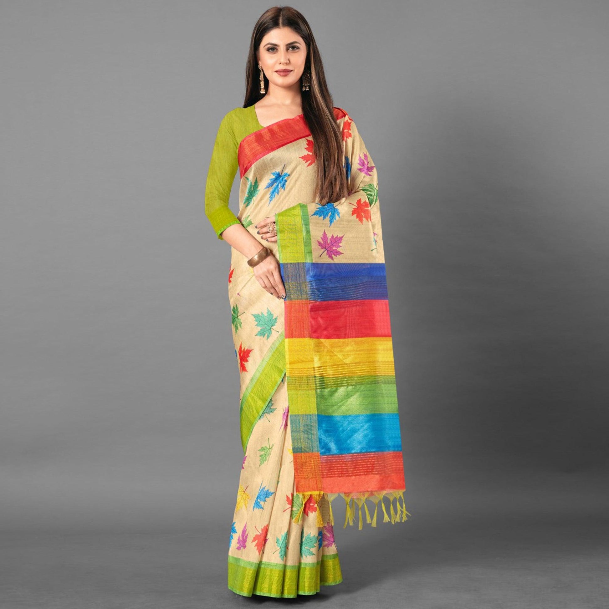 Multicolor Casual Wear Leaf Cotton silk Saree