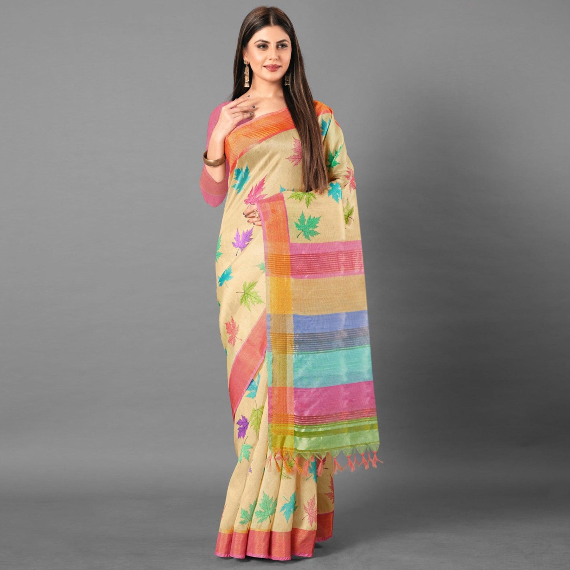 Multicolor Casual Wear Leaf Cotton silk Saree