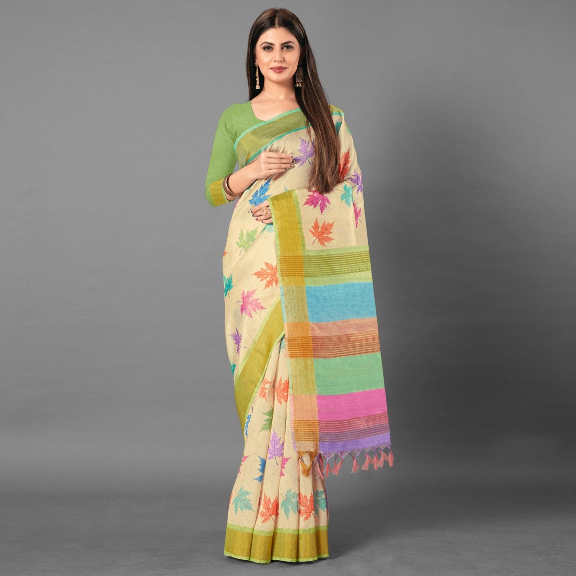 Multicolor Casual Wear Leaf Cotton silk Saree