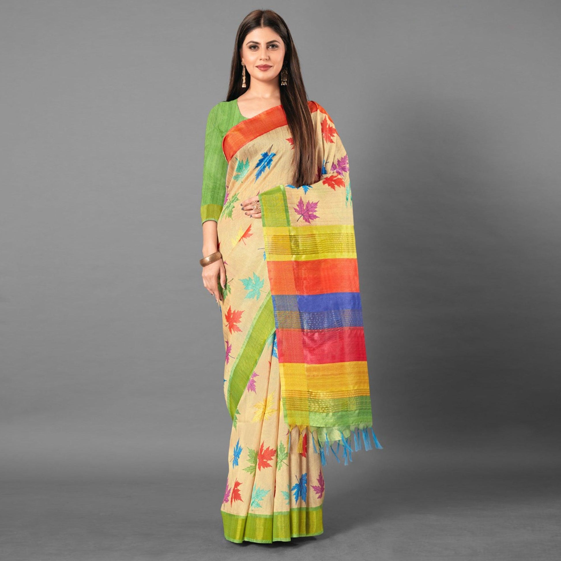 Multicolor Casual Wear Leaf Cotton silk Saree
