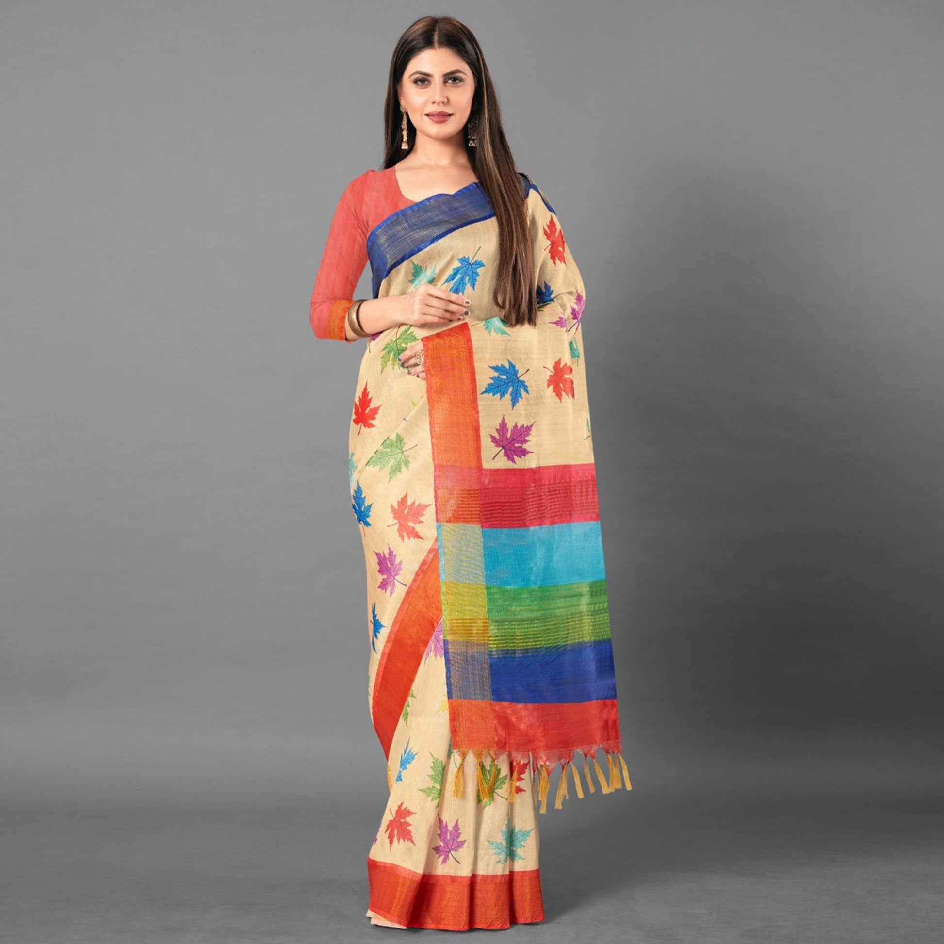Multicolor Casual Wear Leaf Cotton silk Saree