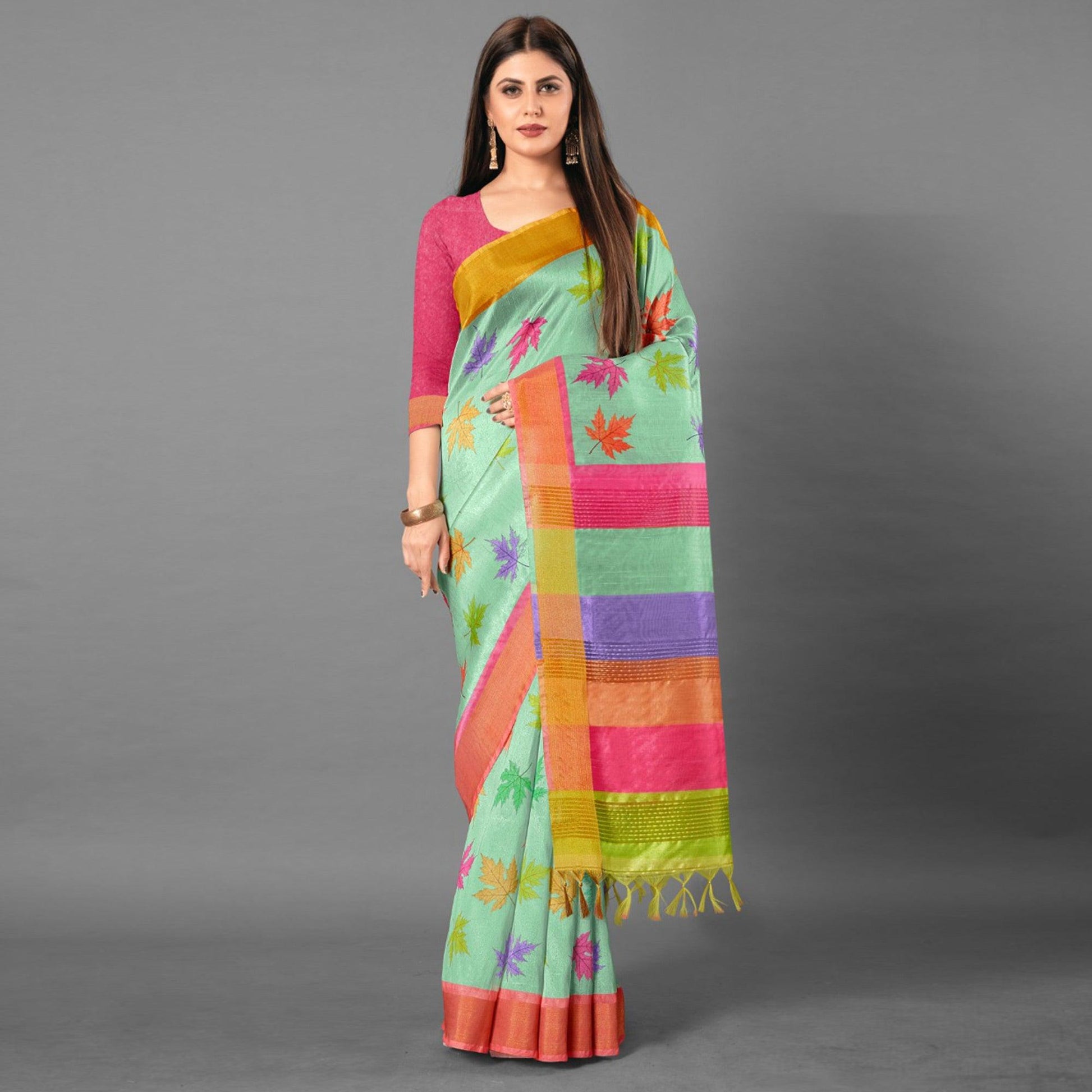 Multicolor Casual Wear Leaf Cotton silk Saree