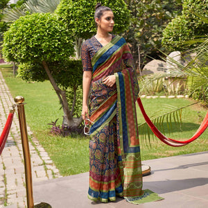Multicolor Casual Wear Printed Linen Saree