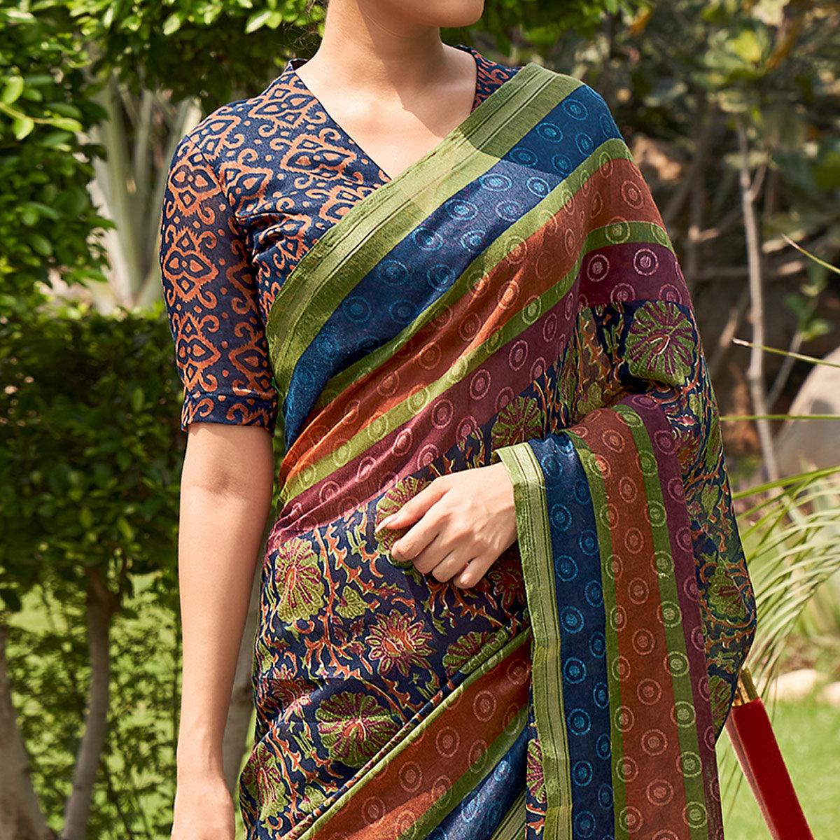 Multicolor Casual Wear Printed Linen Saree
