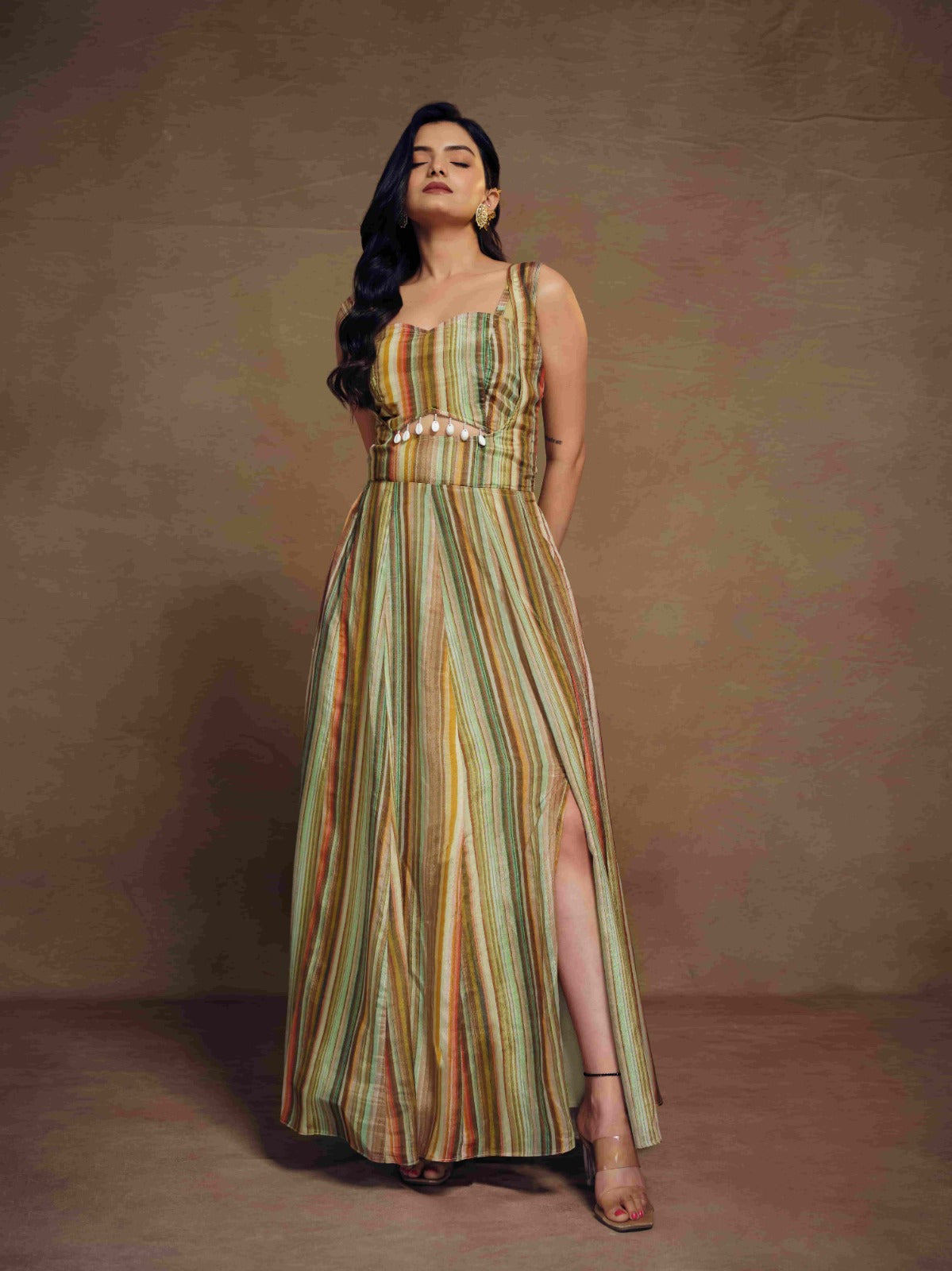 Multicolor Chinon Printed Co-Ord Set with Artificial Tassels Blouse and Dungarees