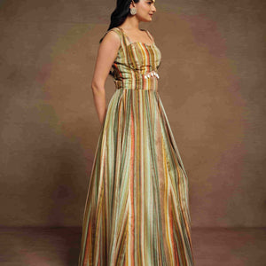Multicolor Chinon Printed Co-Ord Set with Artificial Tassels Blouse and Dungarees