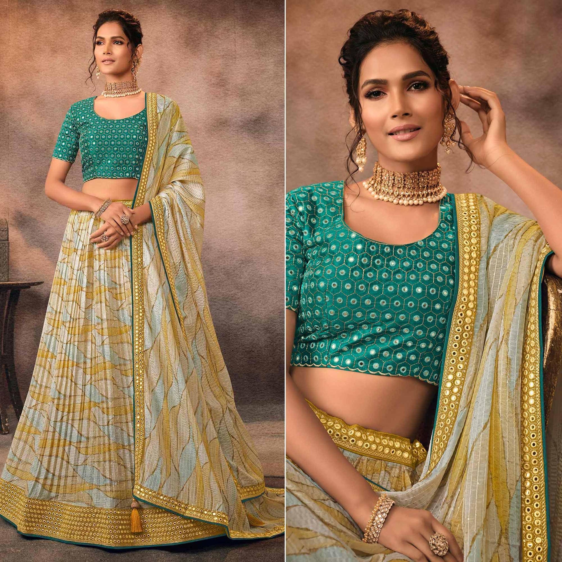 Multicolor Digital Printed-Embellished Chiffon Lehenga Choli