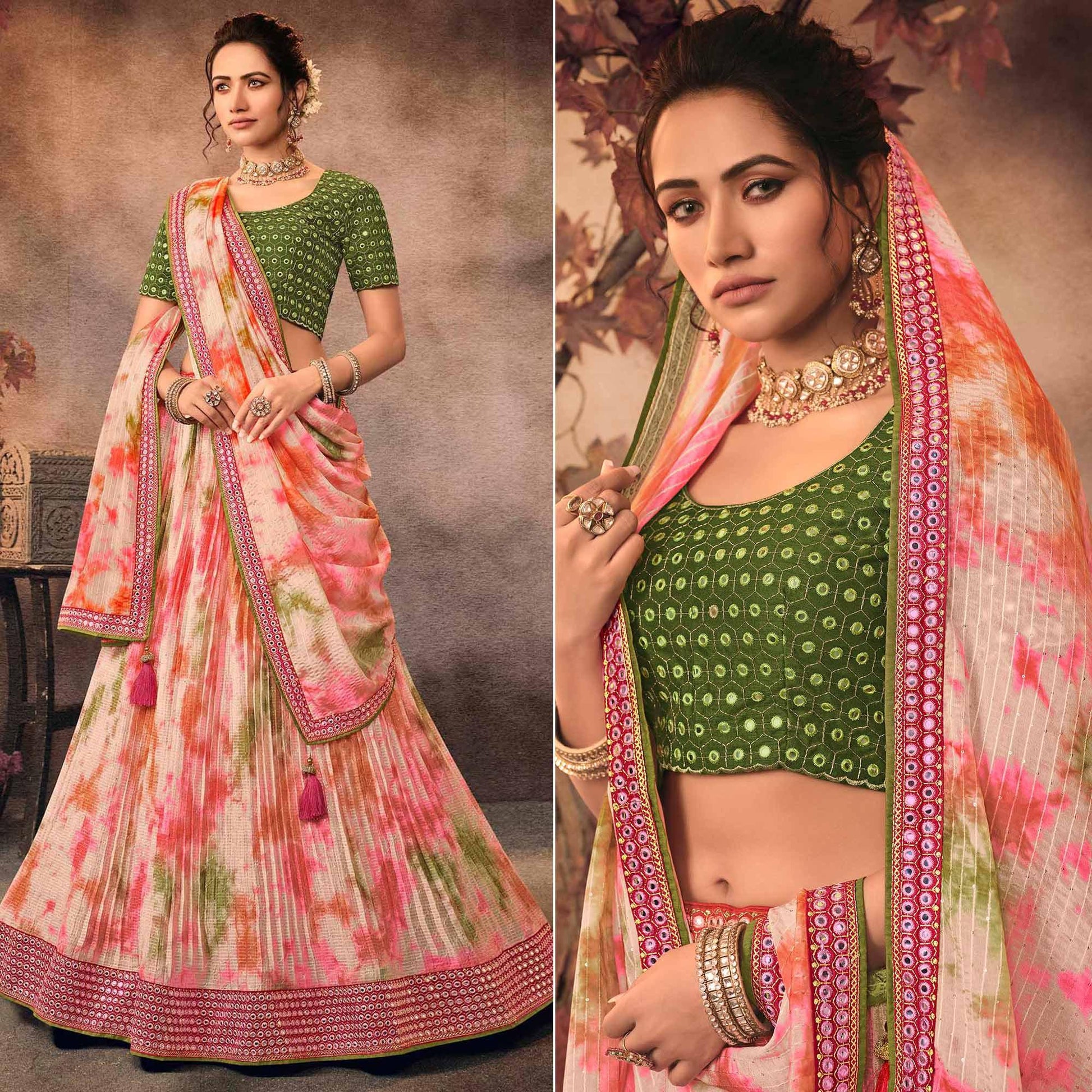 Multicolor Digital Printed-Embellished Chiffon Lehenga Choli