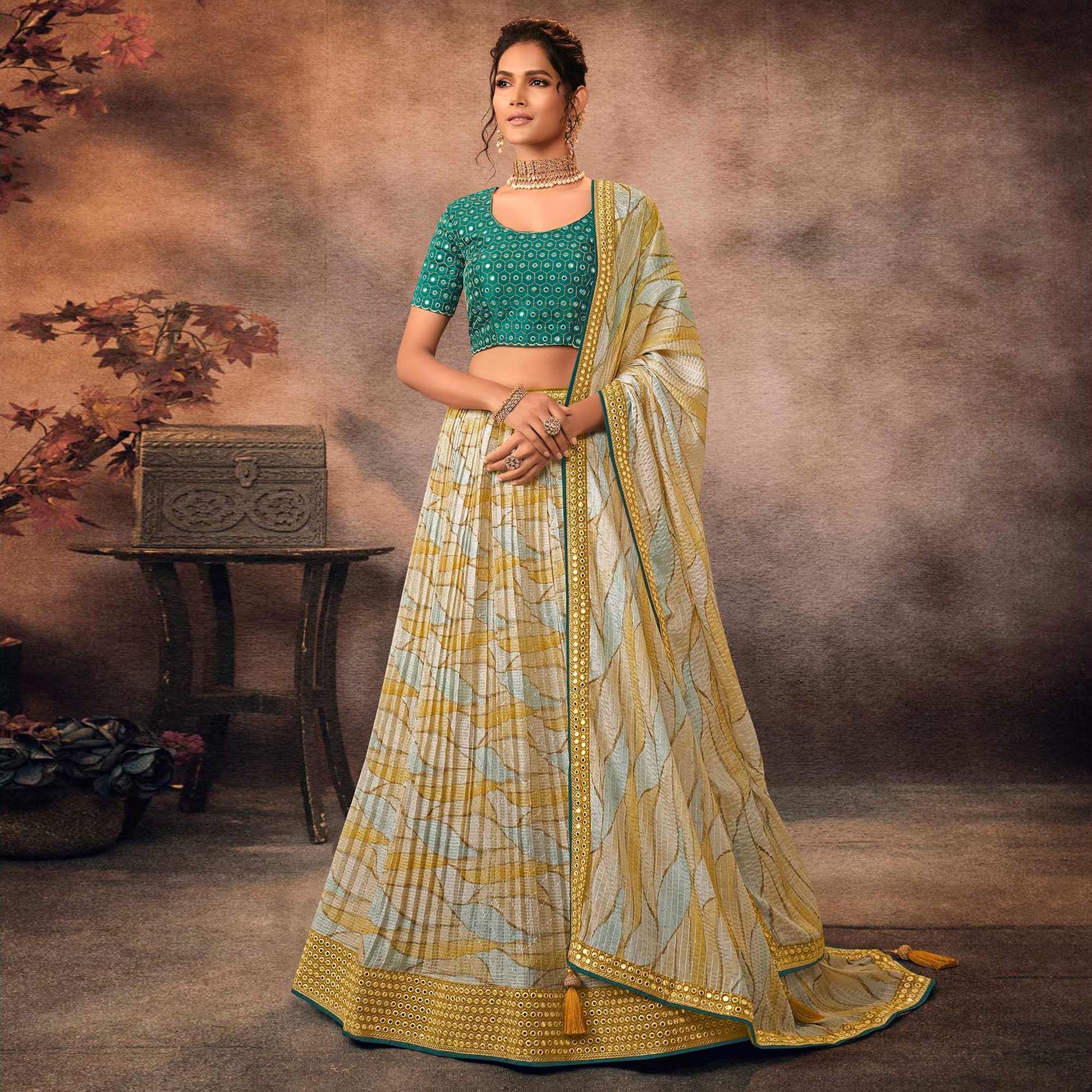 Multicolor Digital Printed-Embellished Chiffon Lehenga Choli