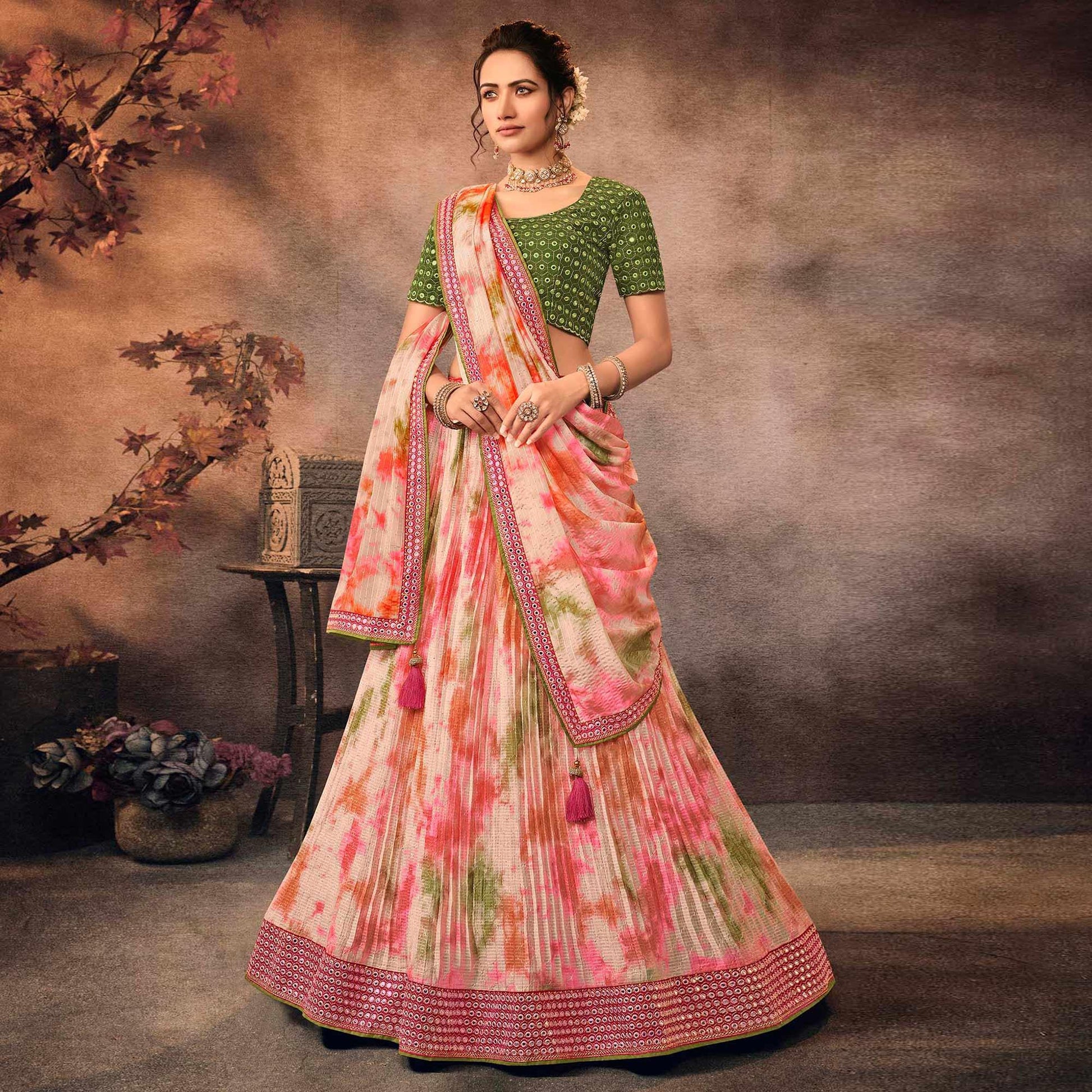 Multicolor Digital Printed-Embellished Chiffon Lehenga Choli