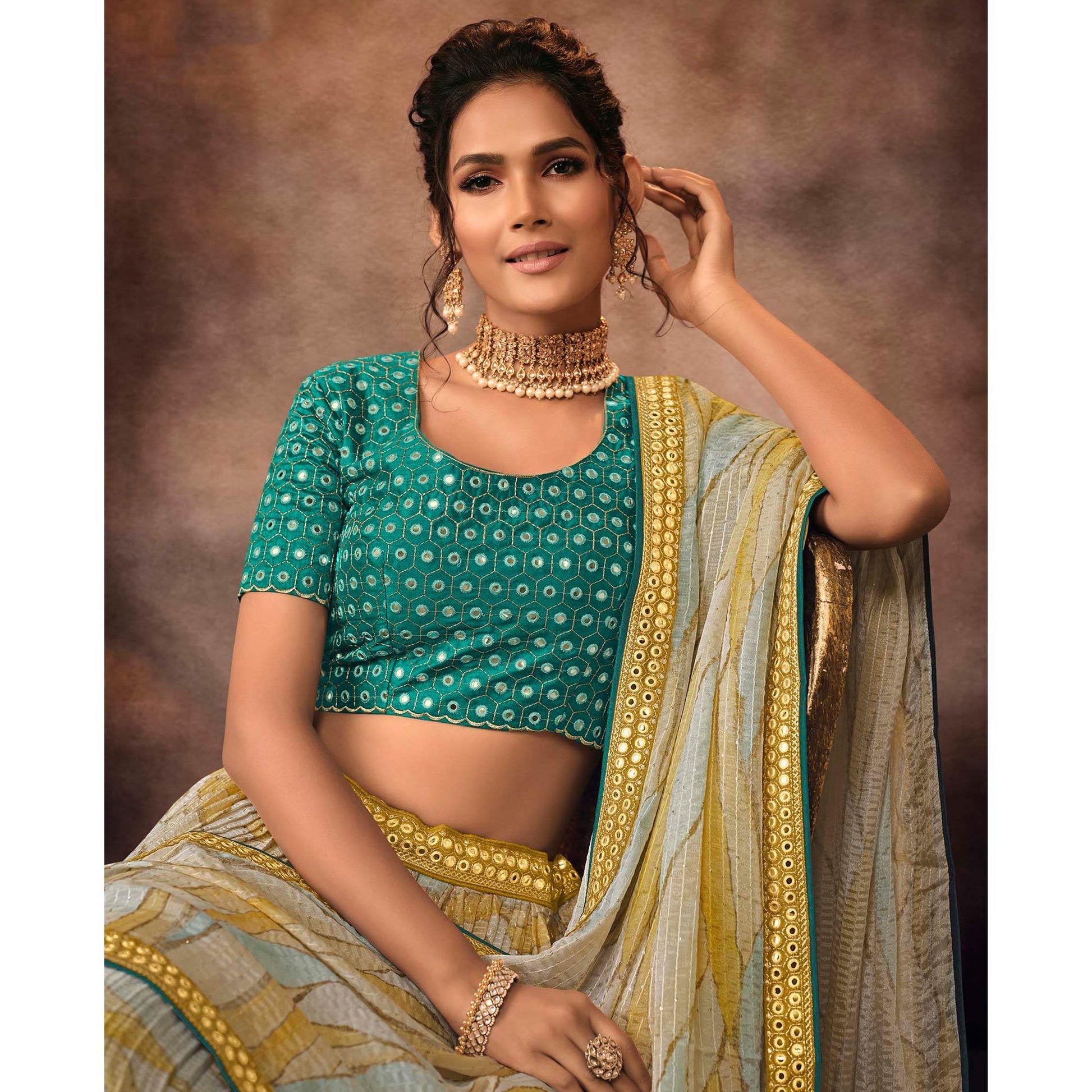 Multicolor Digital Printed-Embellished Chiffon Lehenga Choli