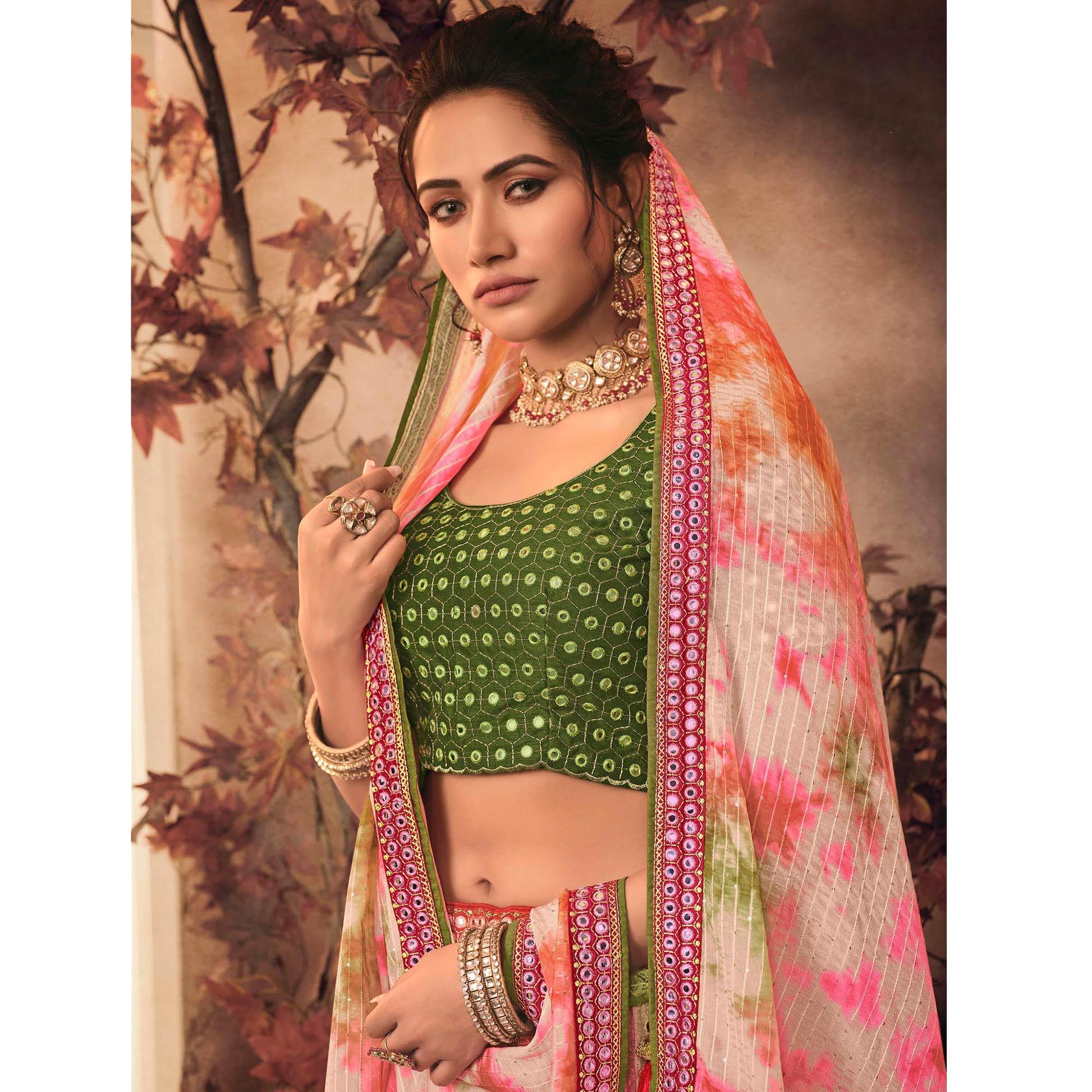 Multicolor Digital Printed-Embellished Chiffon Lehenga Choli