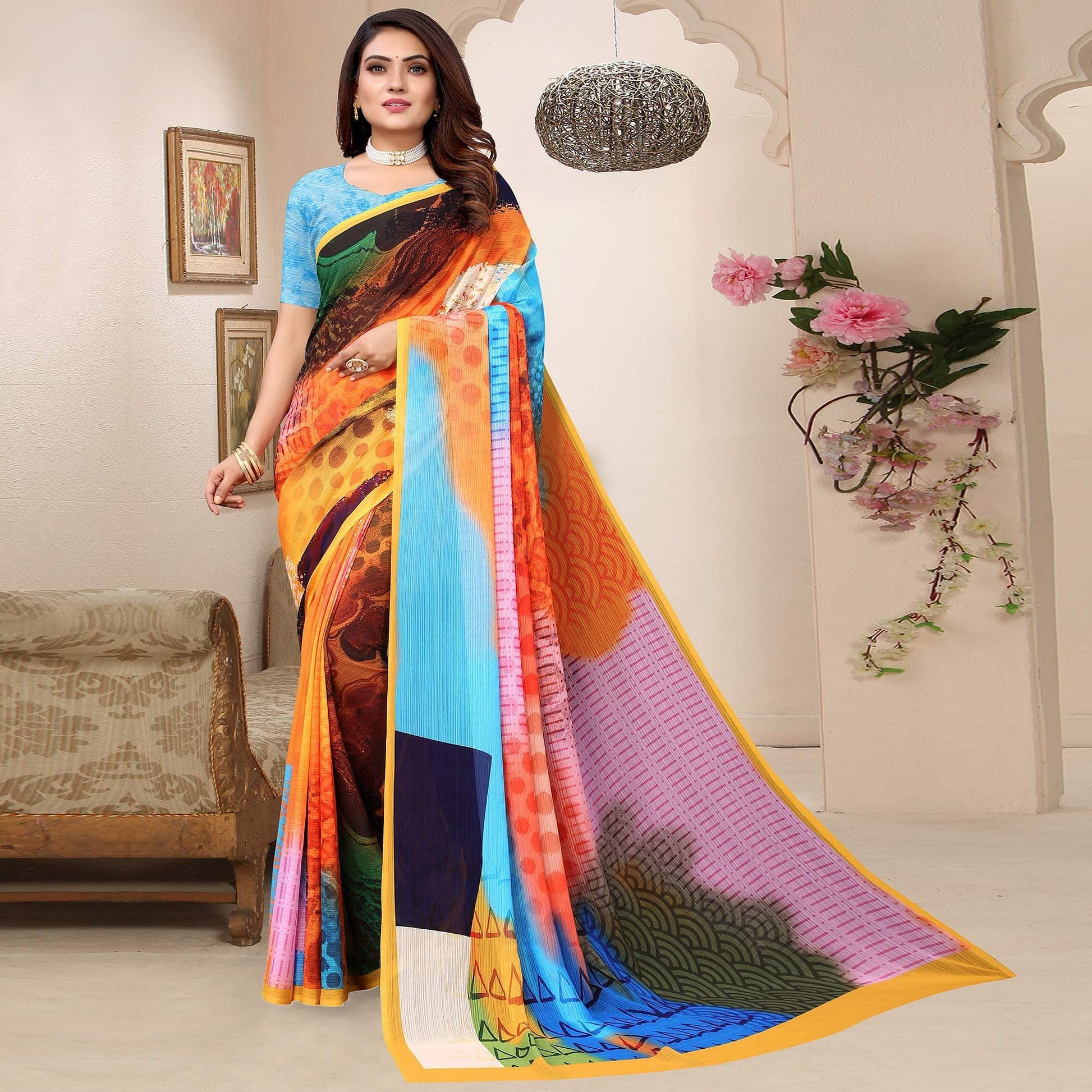 Multicolor Digital Printed Georgette Saree