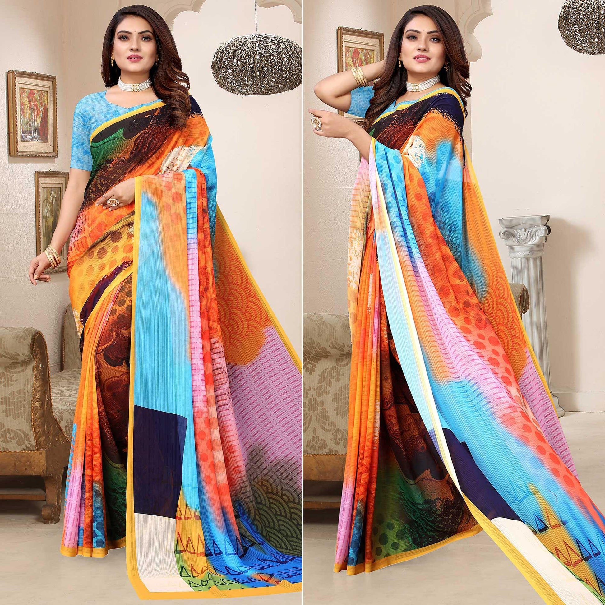 Multicolor Digital Printed Georgette Saree
