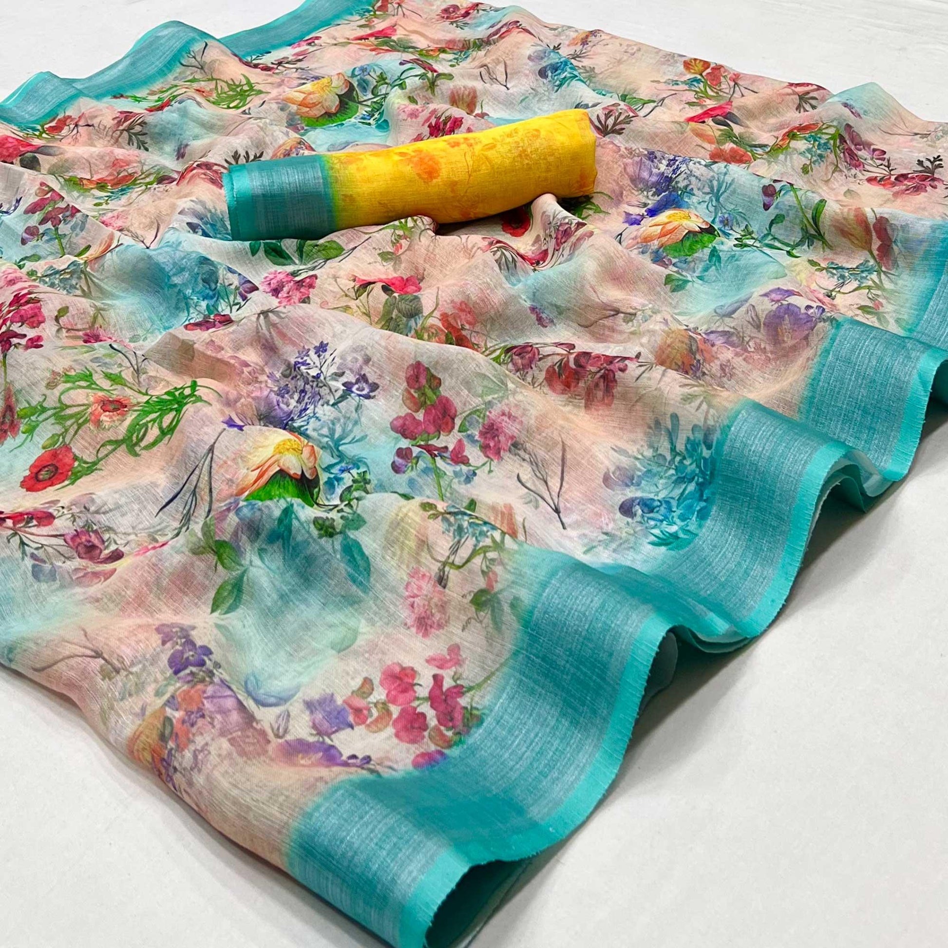 Multicolor Digital Printed Linen Saree