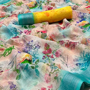 Multicolor Digital Printed Linen Saree
