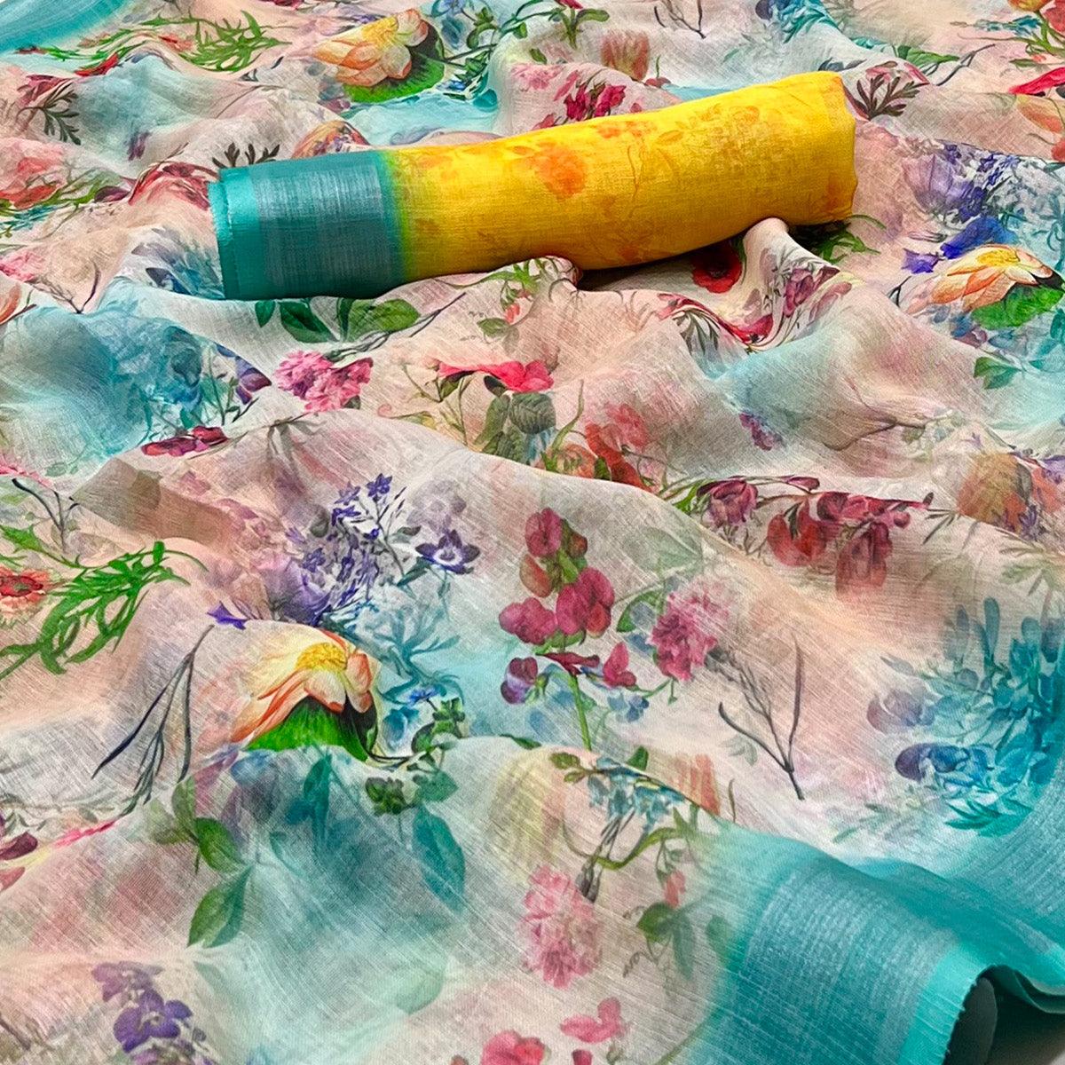 Multicolor Digital Printed Linen Saree