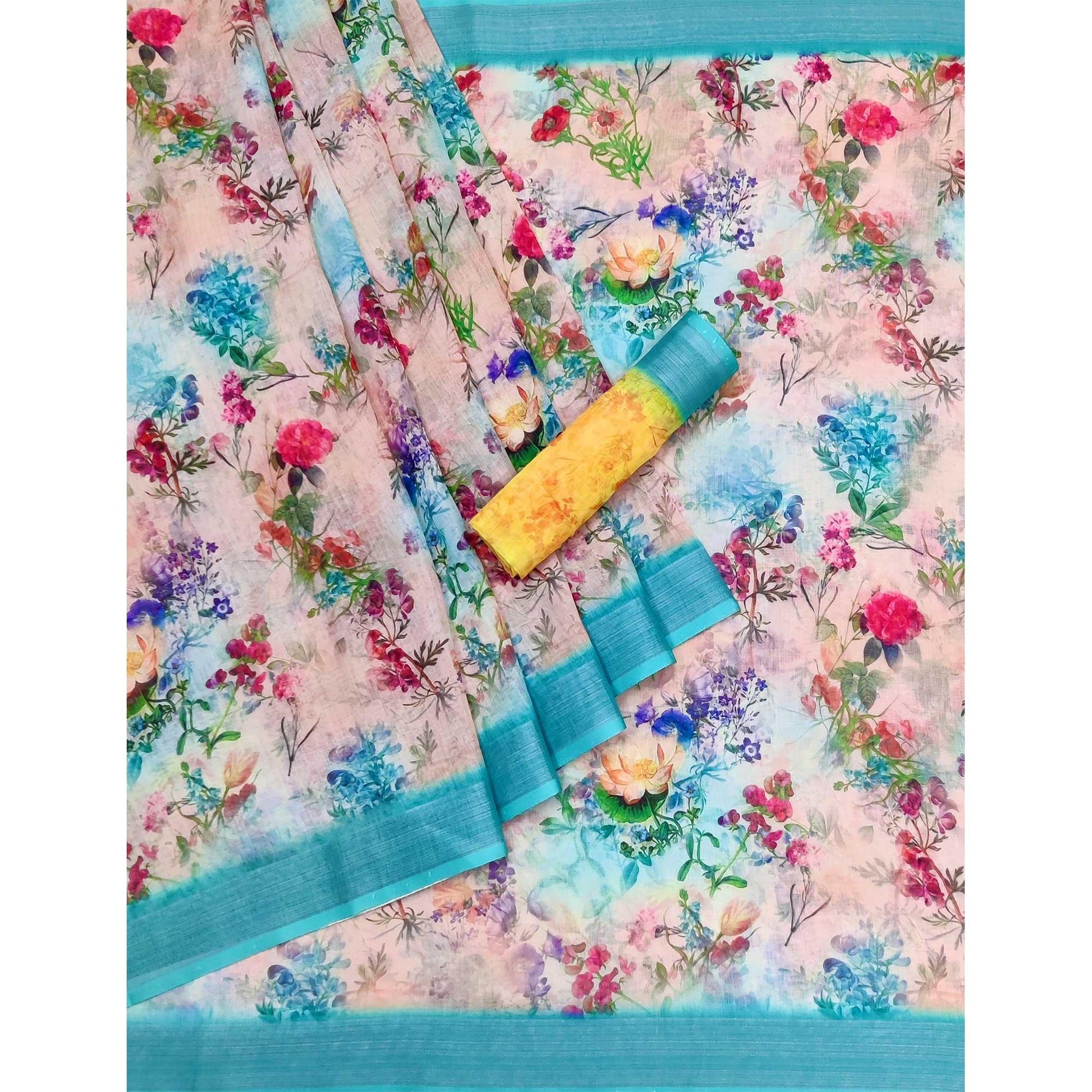 Multicolor Digital Printed Linen Saree