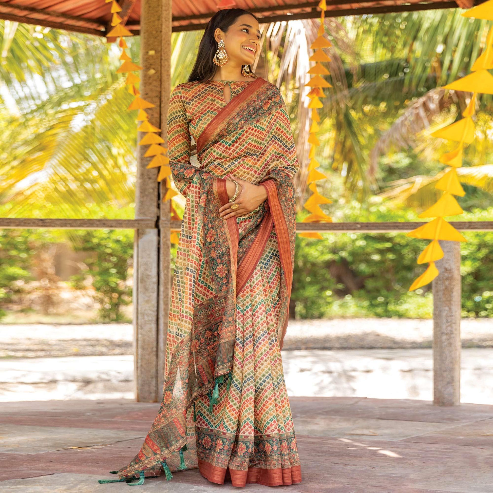 Multicolor Digital Printed Linen Saree With Tassels