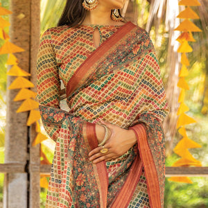Multicolor Digital Printed Linen Saree With Tassels