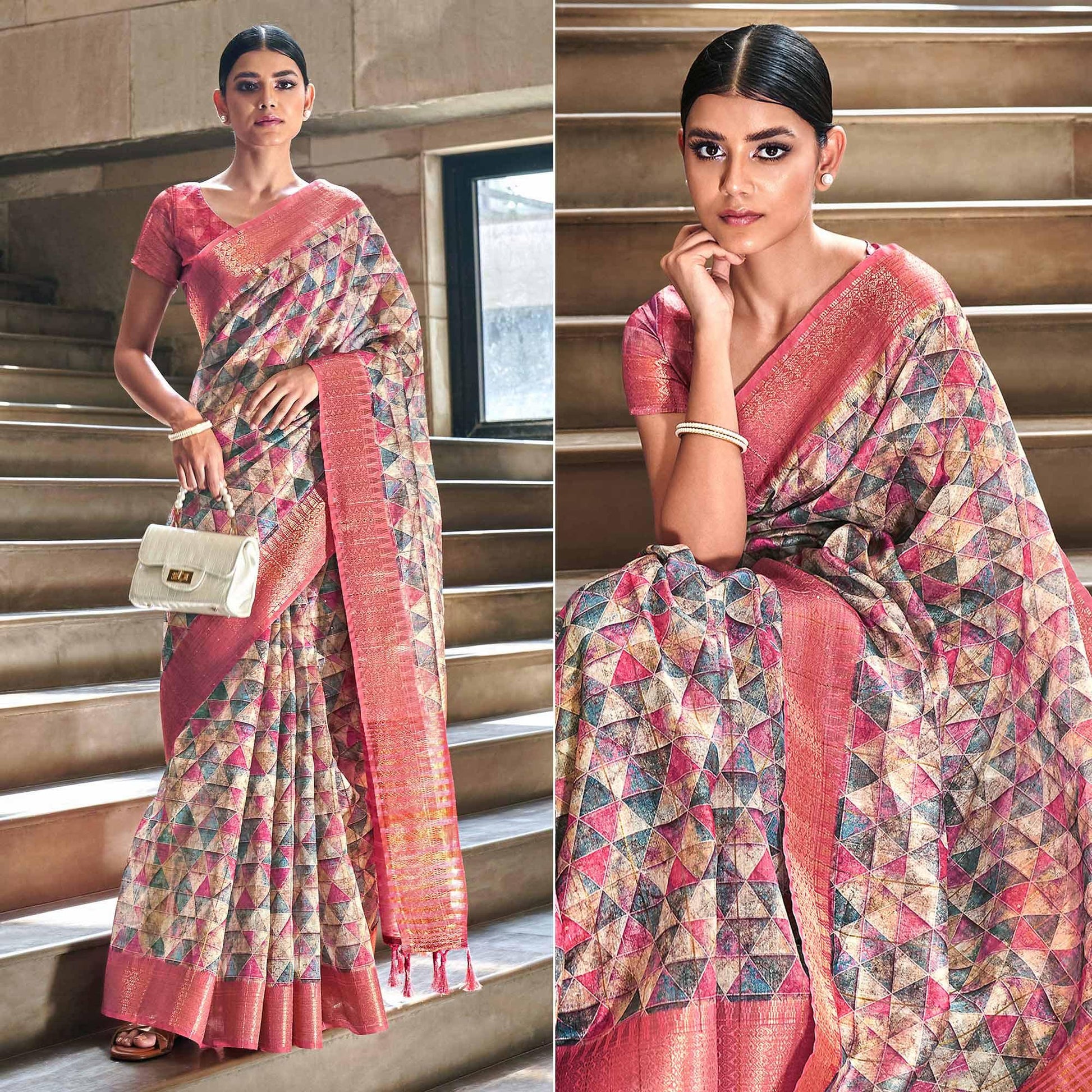 Multicolor Digital Printed-Woven Art Silk Saree With Tassels
