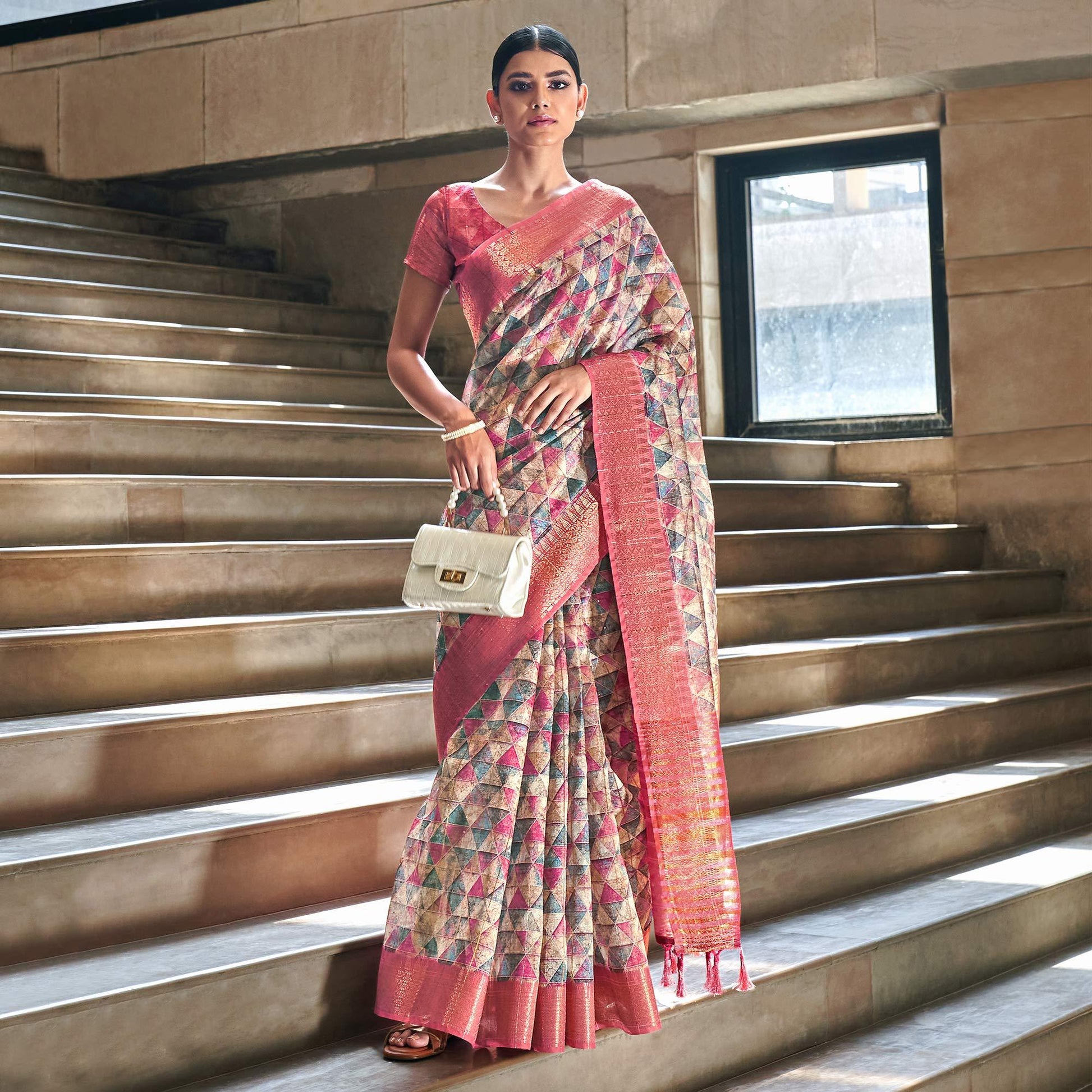 Multicolor Digital Printed-Woven Art Silk Saree With Tassels
