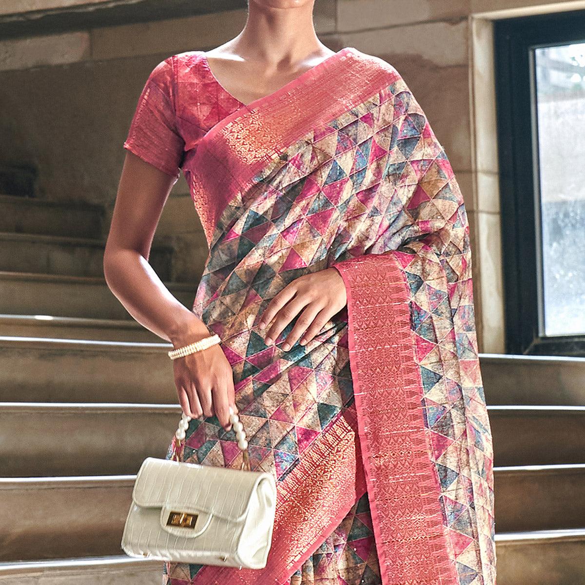 Multicolor Digital Printed-Woven Art Silk Saree With Tassels