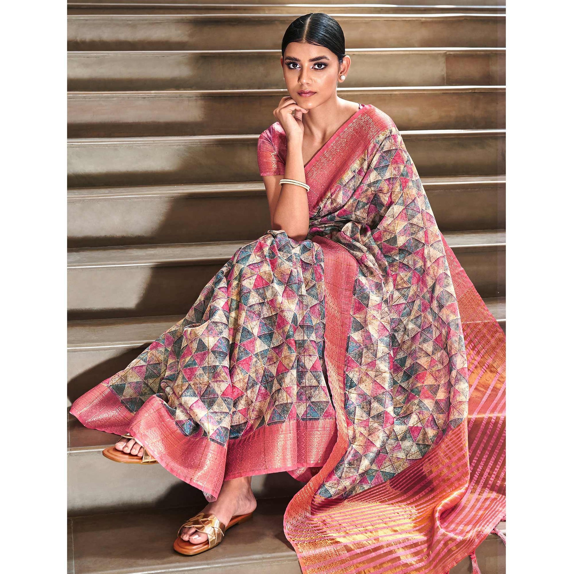 Multicolor Digital Printed-Woven Art Silk Saree With Tassels