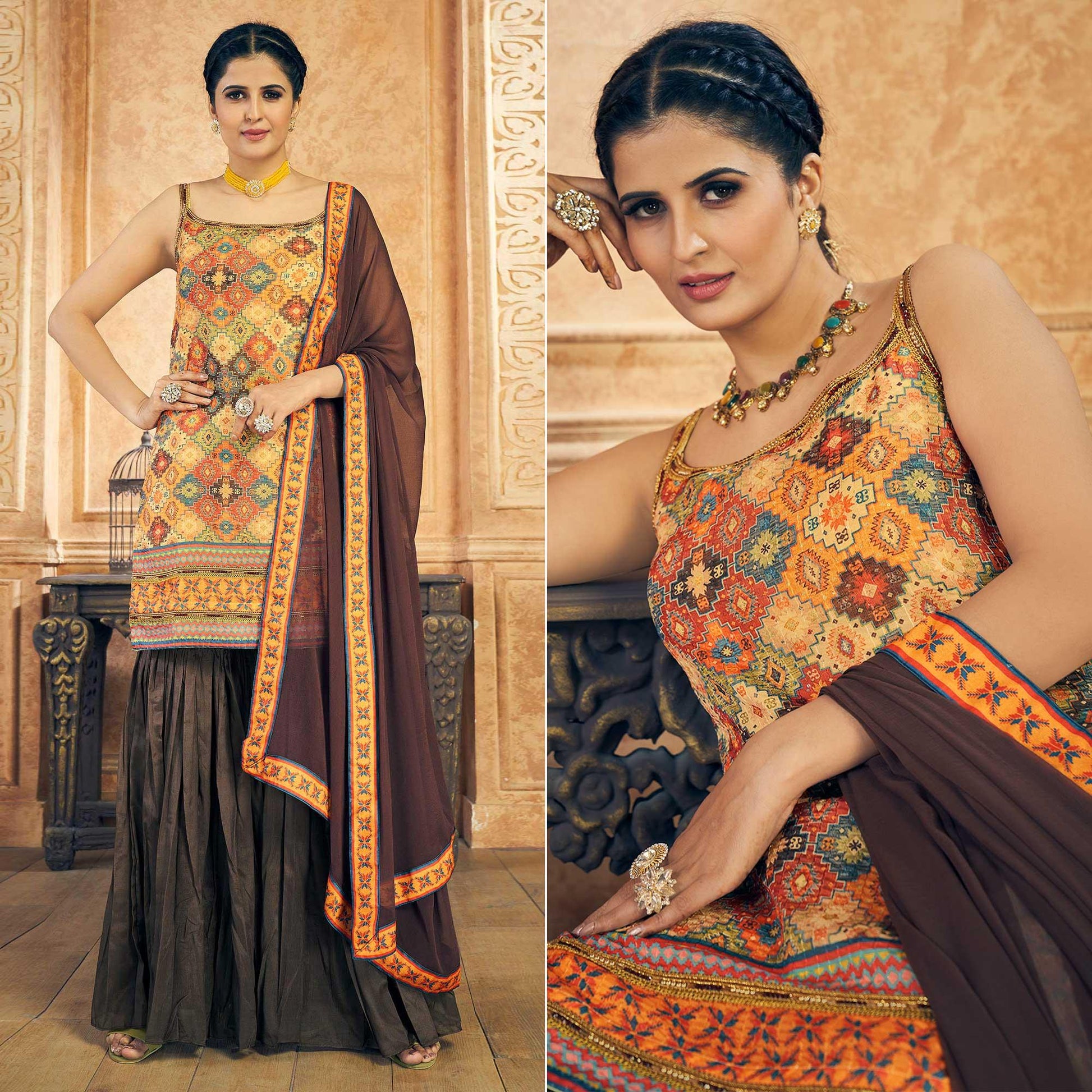 Multicolor Embroidered Chiffon Sharara Suit