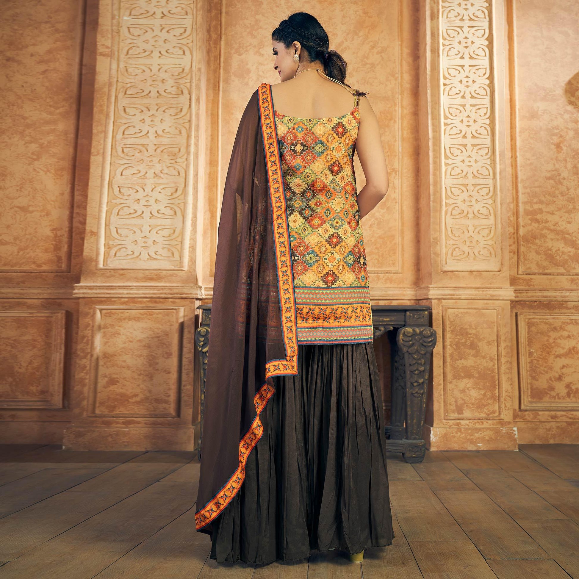 Multicolor Embroidered Chiffon Sharara Suit