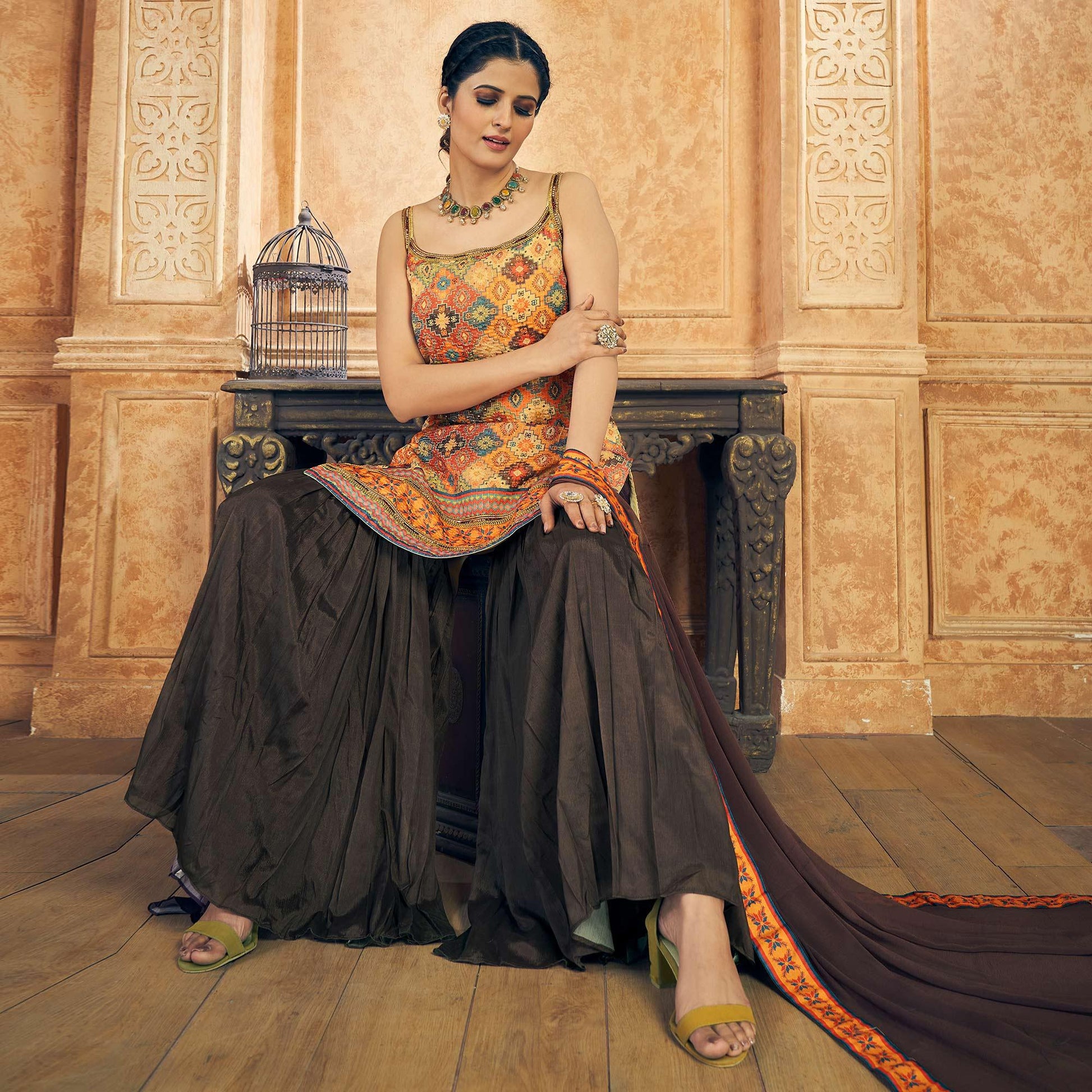 Multicolor Embroidered Chiffon Sharara Suit