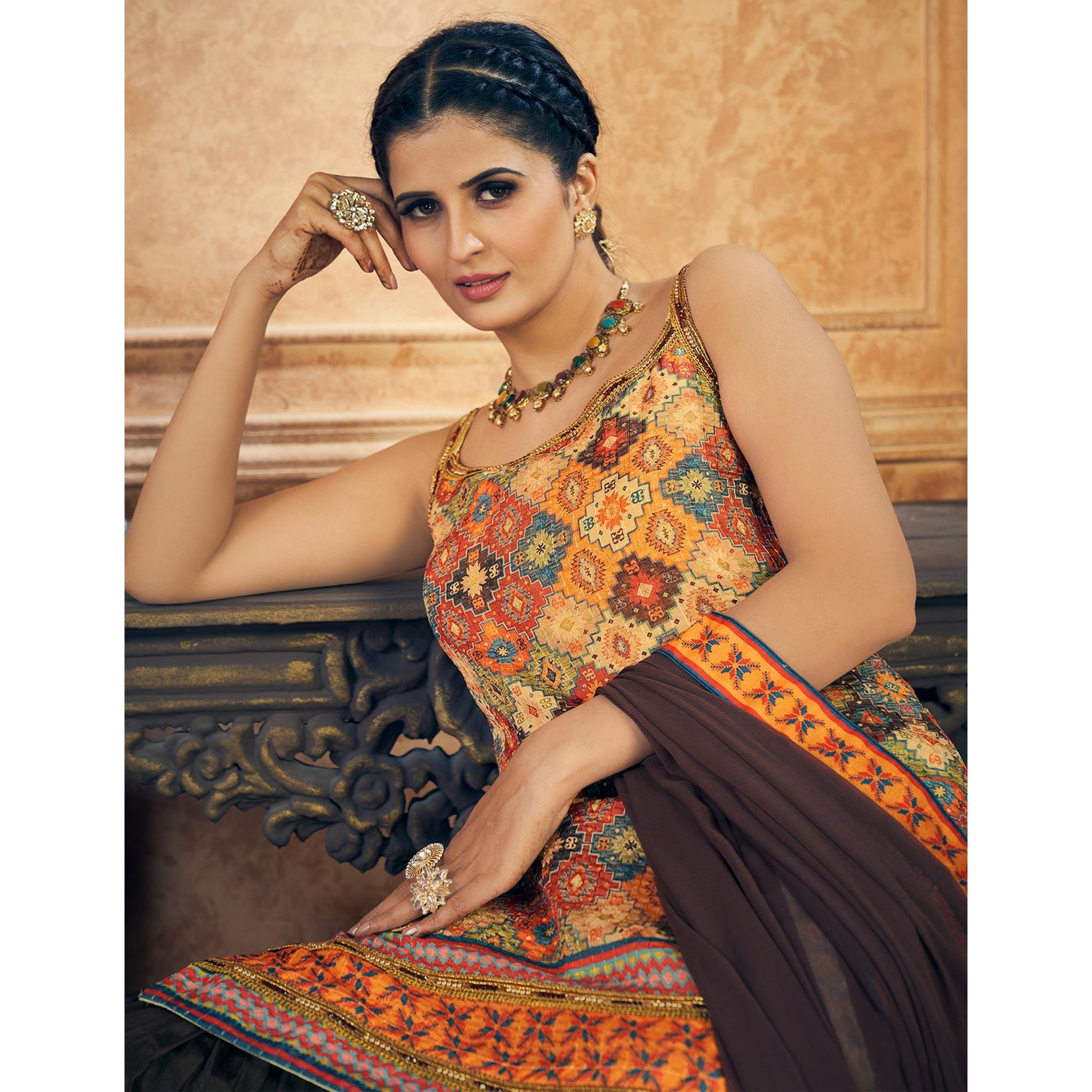 Multicolor Embroidered Chiffon Sharara Suit