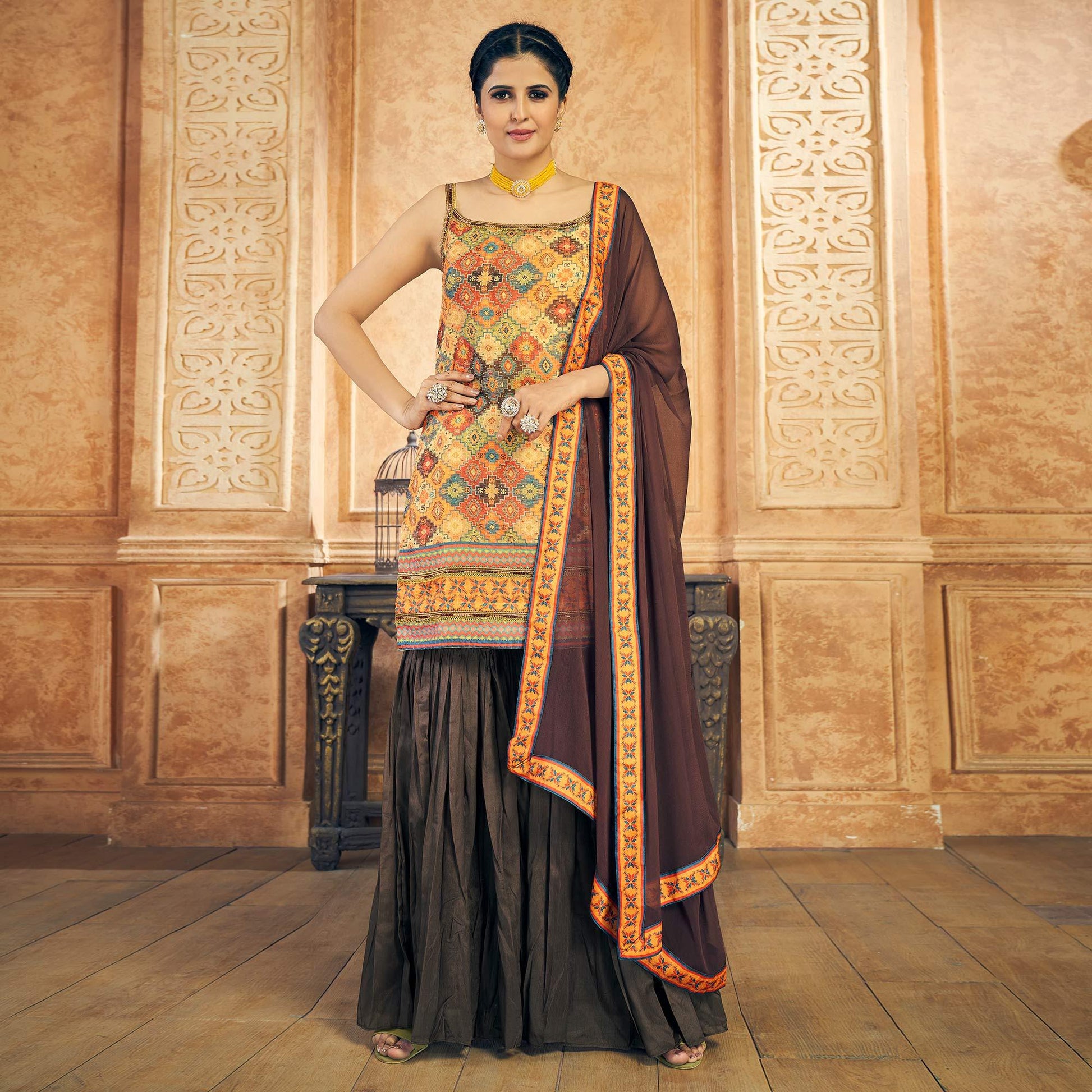Multicolor Embroidered Chiffon Sharara Suit