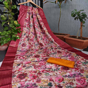 Multicolor Festive Wear Floral Digital Print With Woven Border Silk Saree