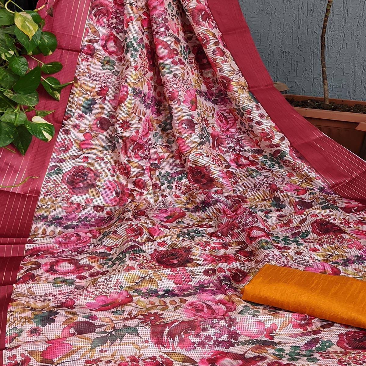 Multicolor Festive Wear Floral Digital Print With Woven Border Silk Saree