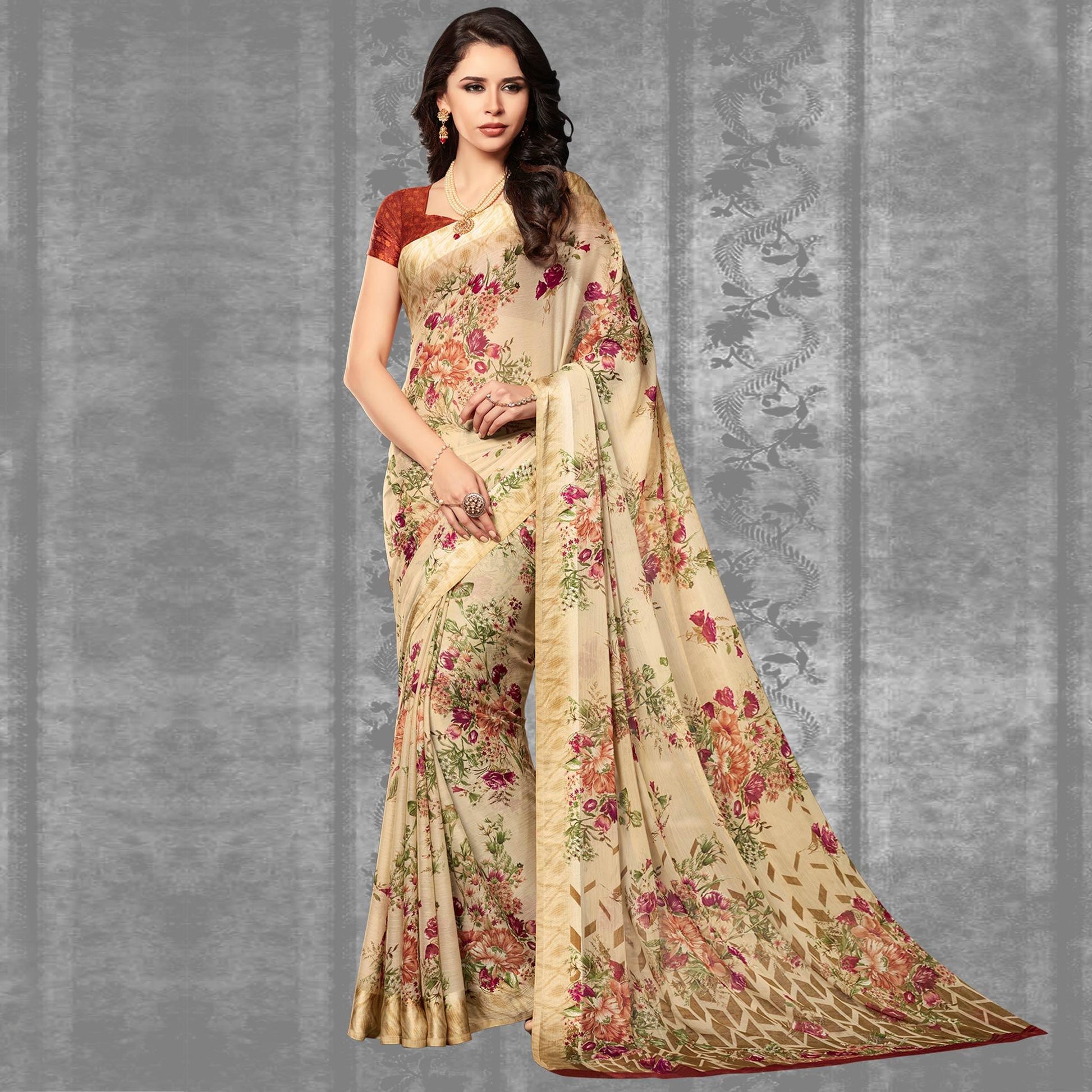 Multicolor Festive Wear Floral Printed Chiffon Satin Saree