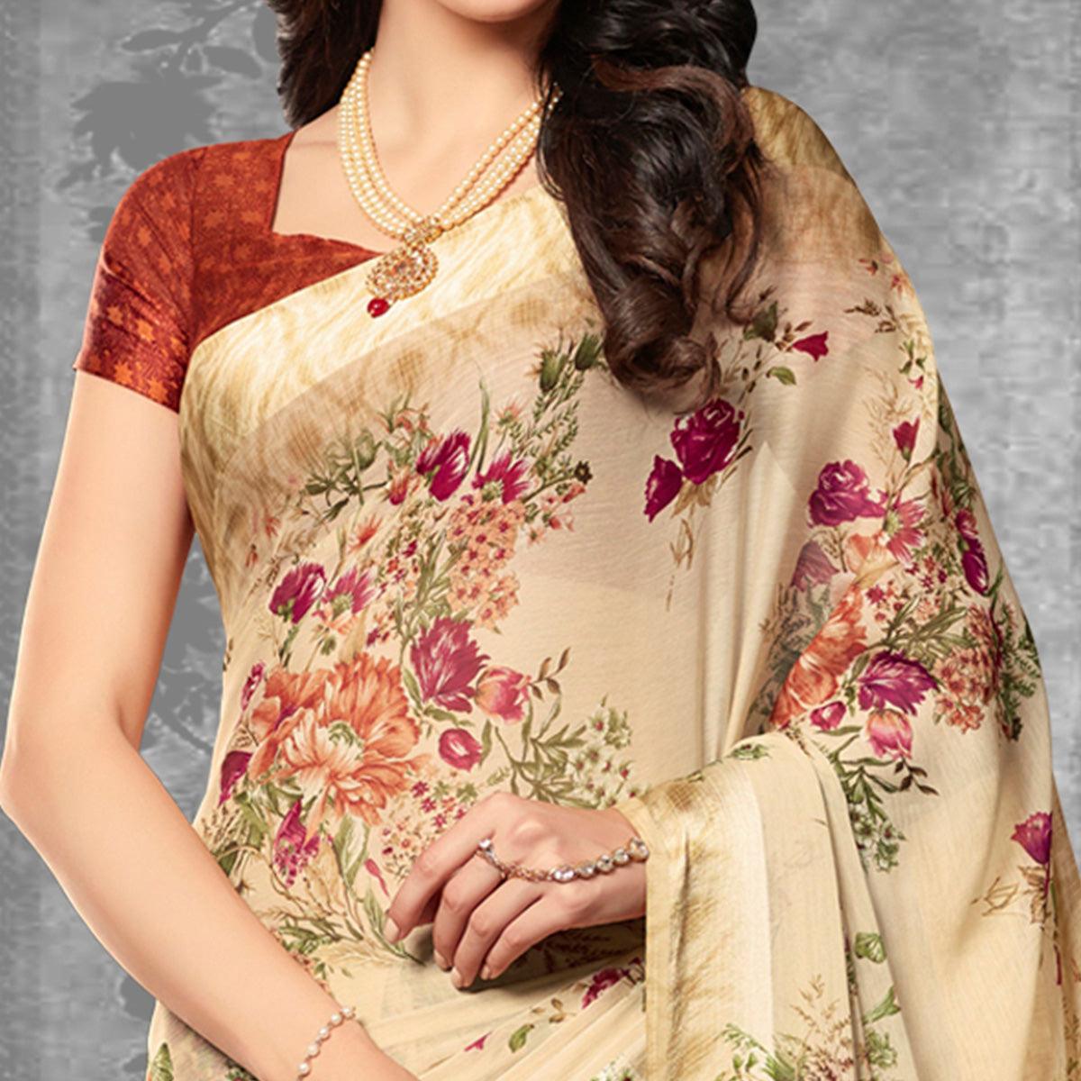 Multicolor Festive Wear Floral Printed Chiffon Satin Saree