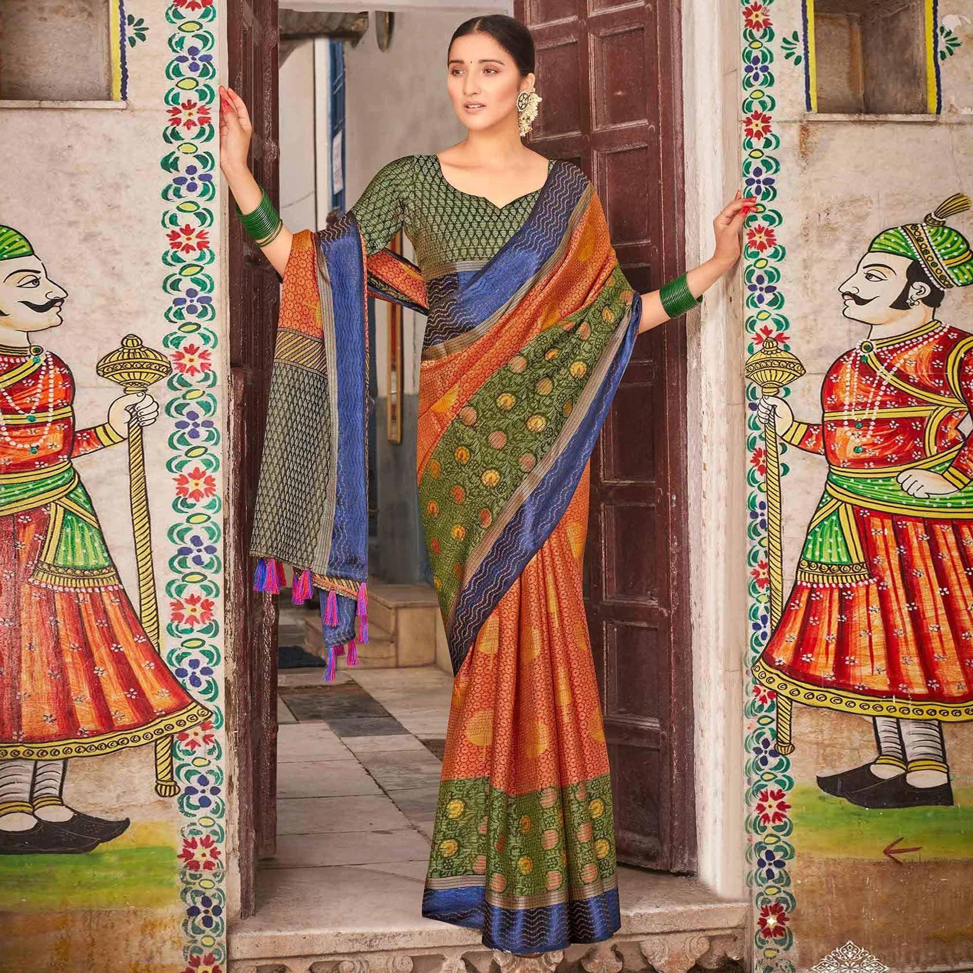 Multicolor festive Wear Printed Brasso Saree