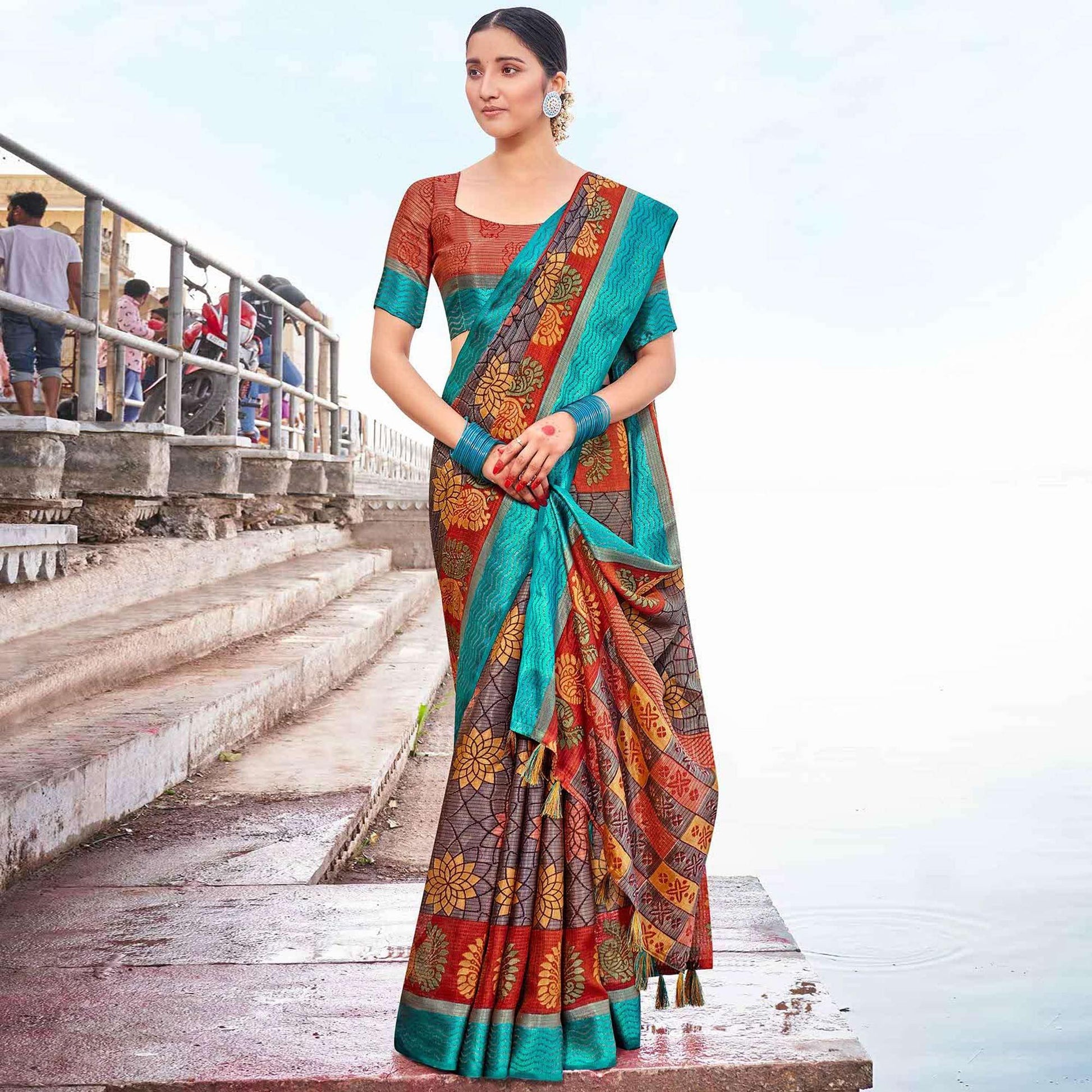 Multicolor Festive Wear Printed Brasso Saree