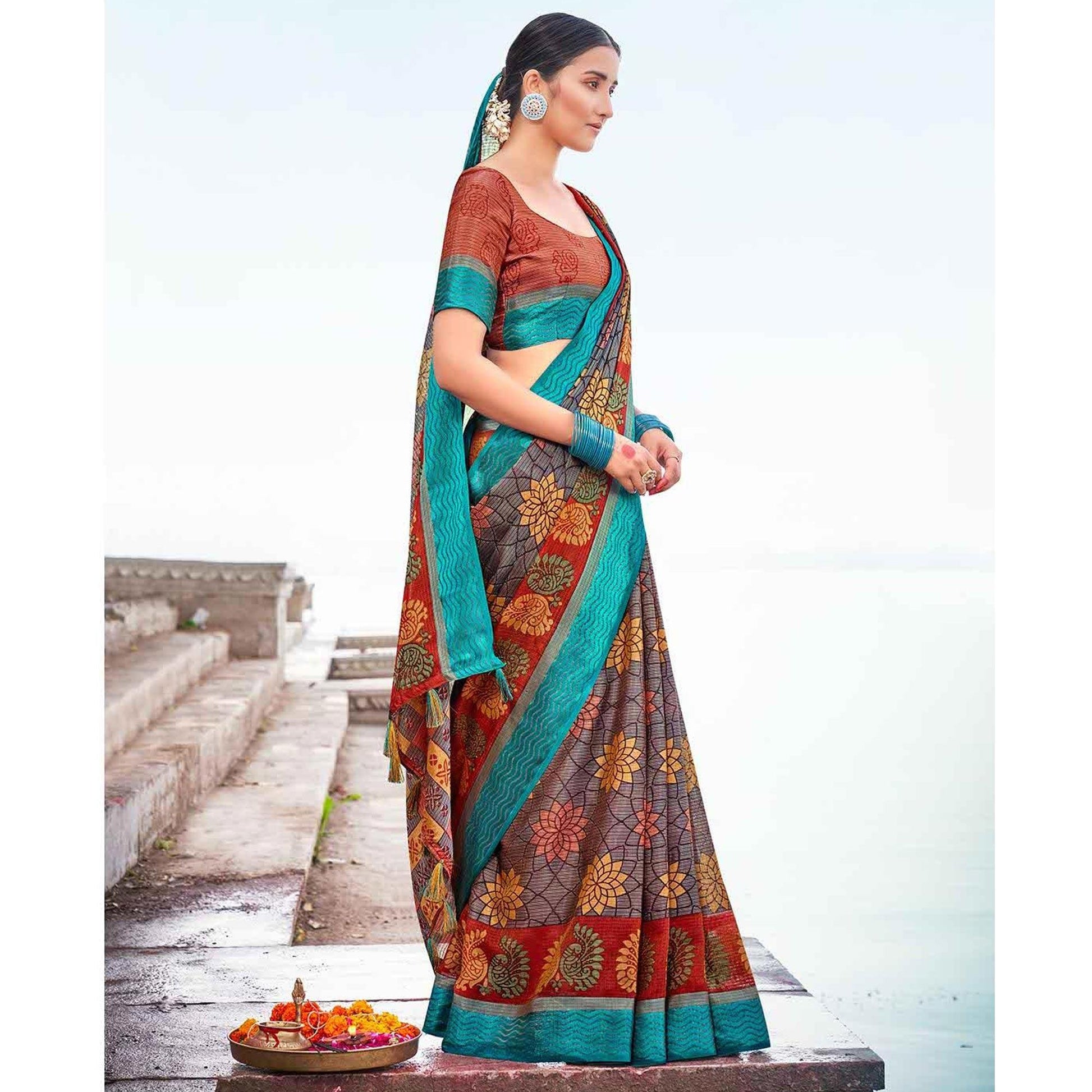 Multicolor Festive Wear Printed Brasso Saree