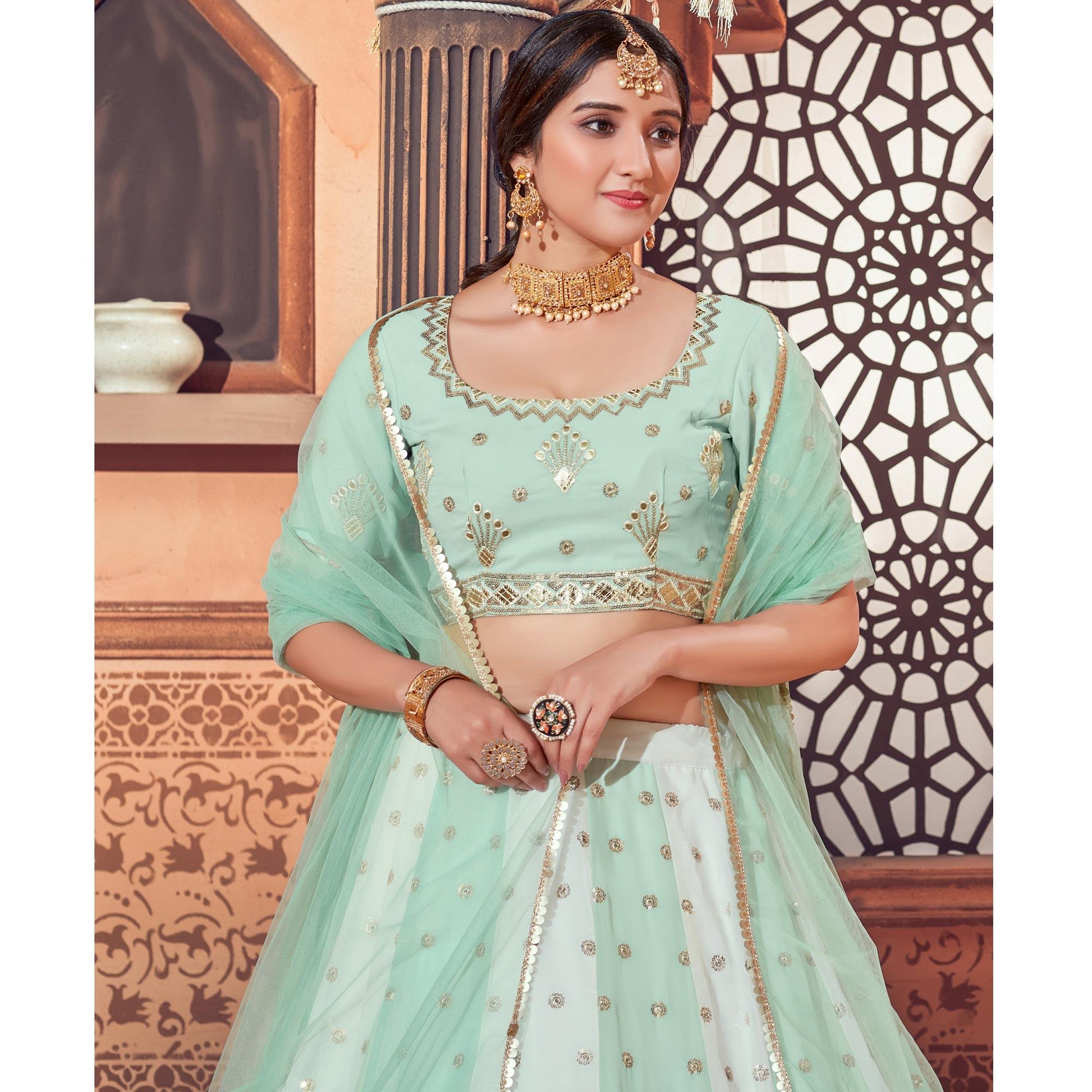 Multicolor Festive Wear Thread with Sequins Embroidered Georgette Lehenga Choli