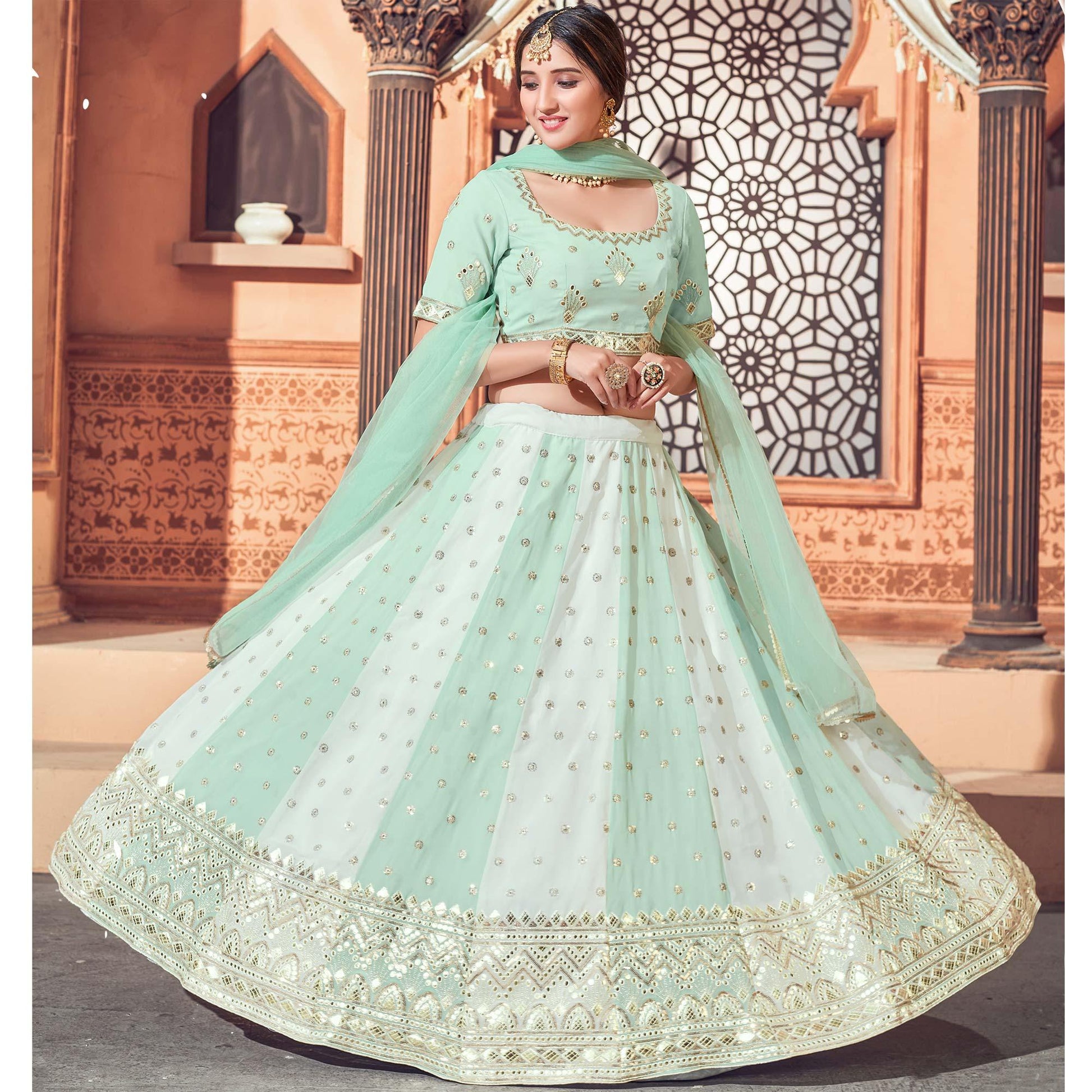 Multicolor Festive Wear Thread with Sequins Embroidered Georgette Lehenga Choli
