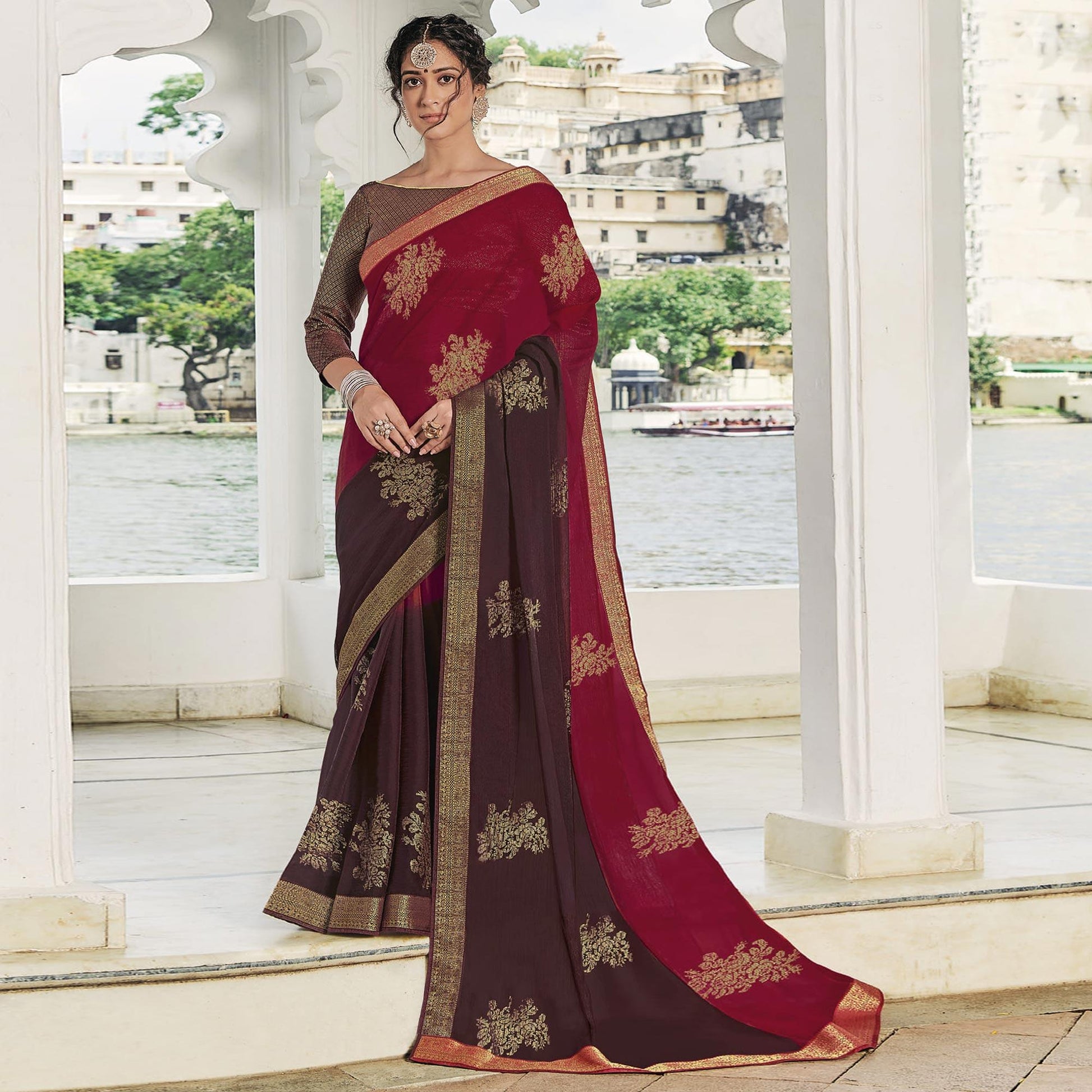 Multicolor Festive Wear Woven Chiffon Saree