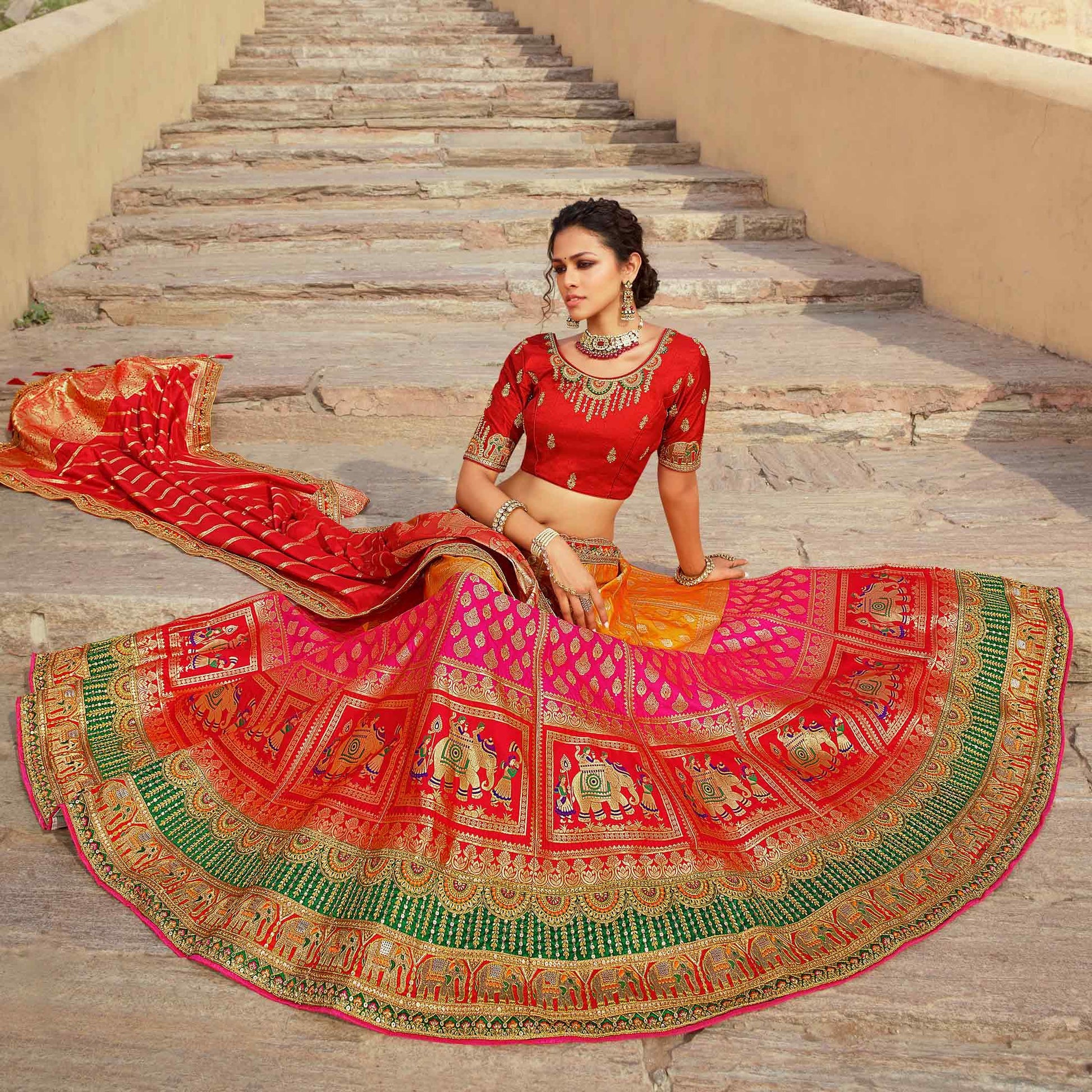 Multicolor Festive Wear Woven Heavy Banarasi Silk Lehenga Choli