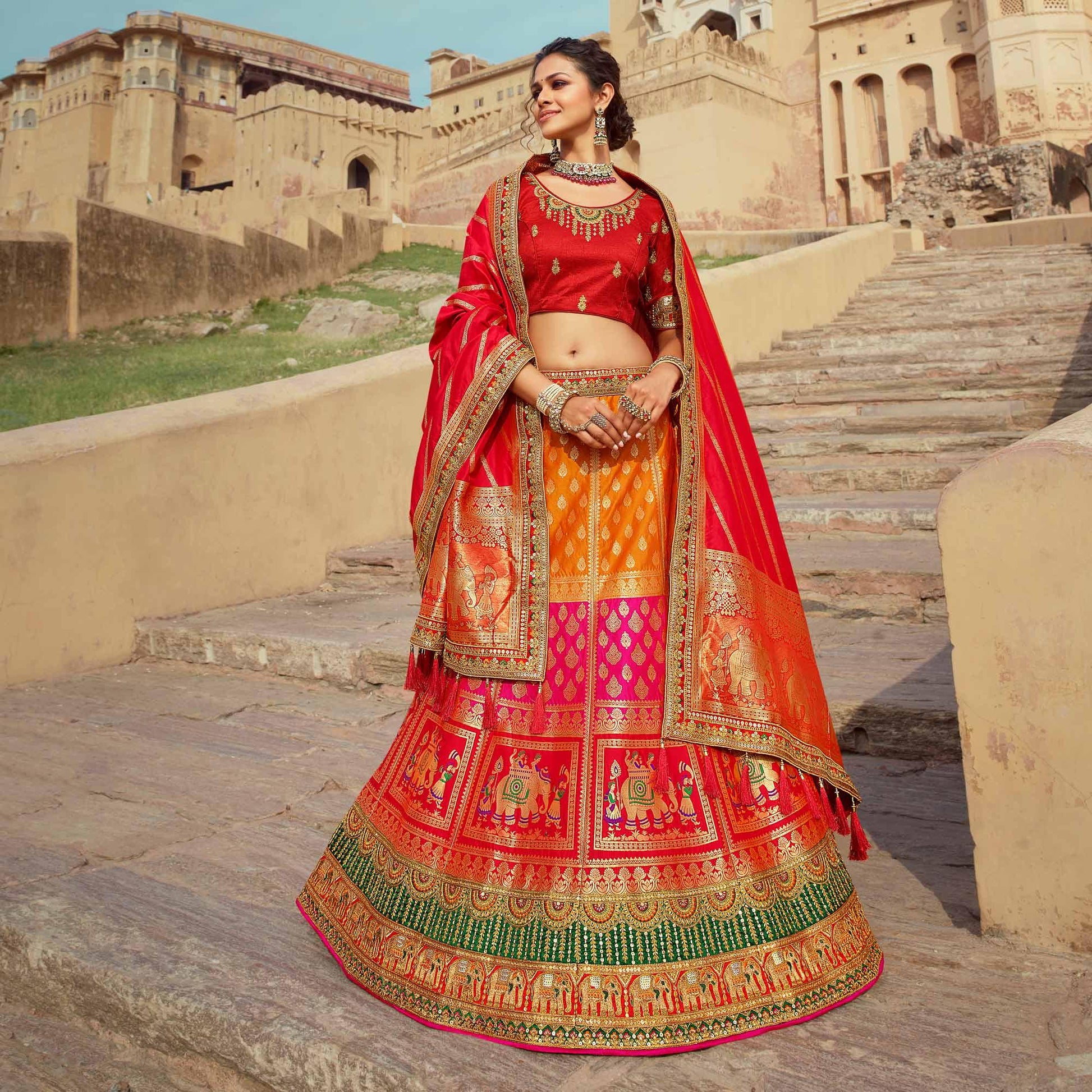 Multicolor Festive Wear Woven Heavy Banarasi Silk Lehenga Choli