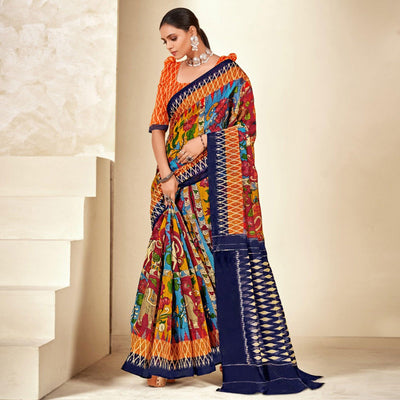 Multicolor Kalamkari Printed Cotton Blend Saree