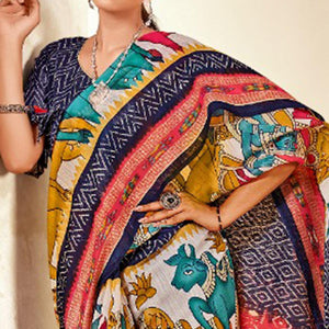 Multicolor Kalamkari Printed Cotton Blend Saree