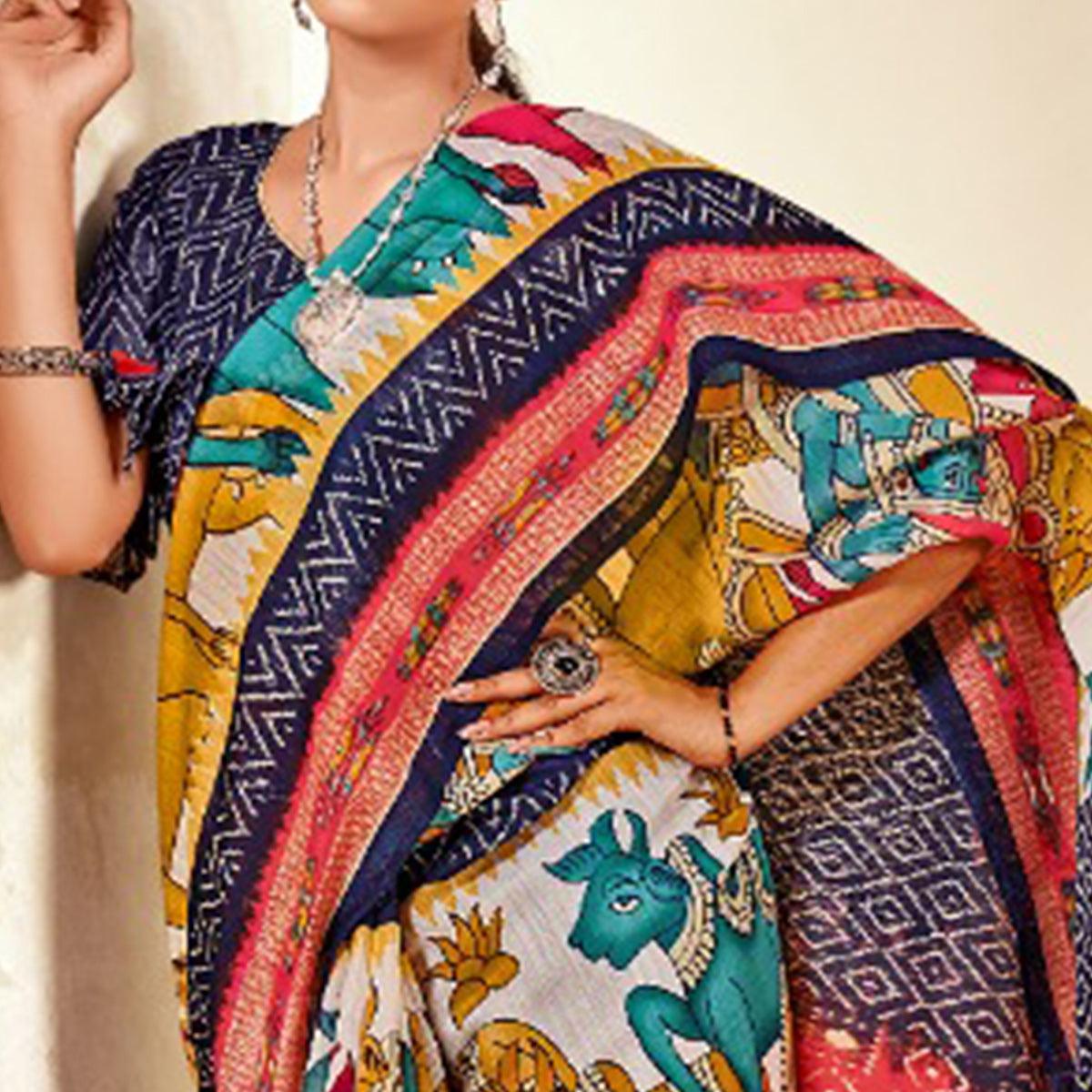 Multicolor Kalamkari Printed Cotton Blend Saree