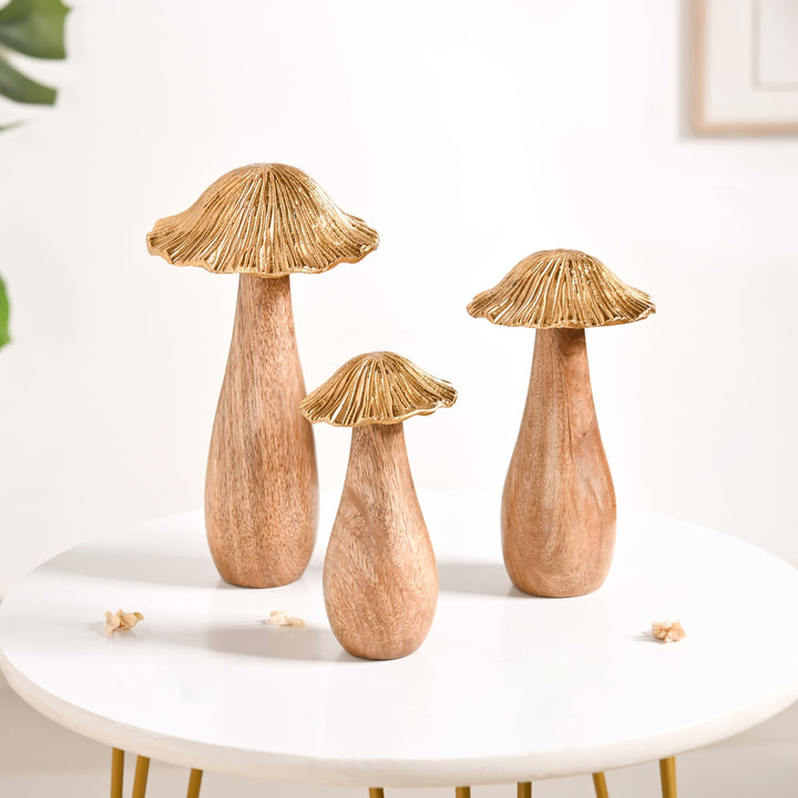 Gold Mushrooms Wooden Decor Showpieces Set Of 3