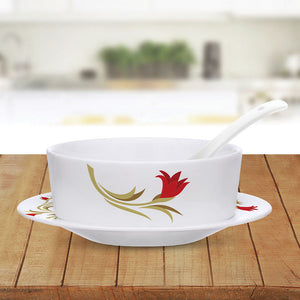 Larah by Borosil Red Lily Soup Bowl w Saucer Set